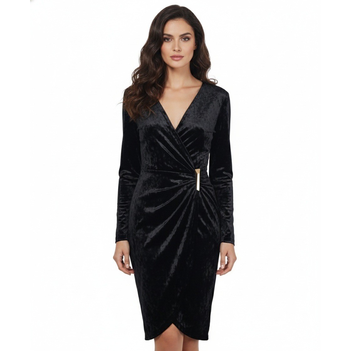 Calvin Klein Black Velvet Wrap Dress Size 14 Long Sleeve Ruched Midi Romantic