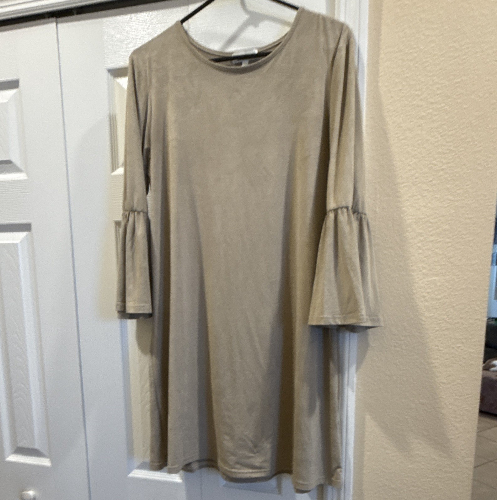 Simply Southern Beige Velvet T-Shirt Dress, 3/4 Bell Sleeve Ruffle, M