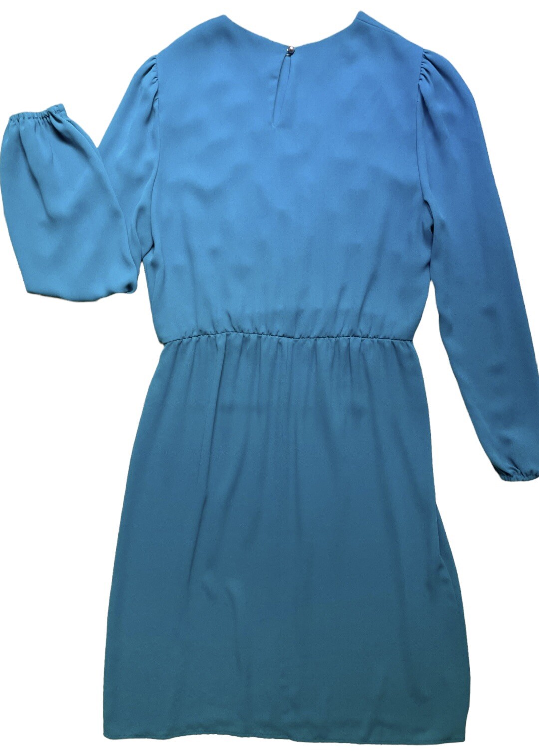 VTG 80s Ruffle Balloon Long Sleeve Midi Dress Blue Pearl Front Accent Women’s 10