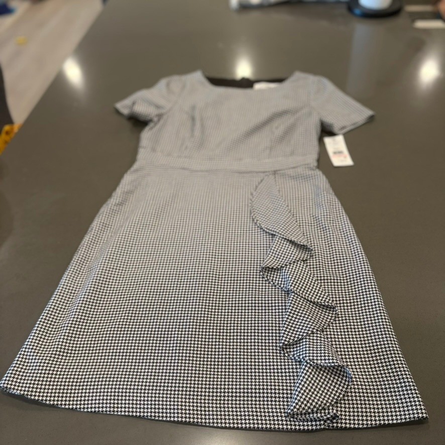 J Howard Black White Houndstooth Ruffle Sheath Dress Womens 10 NWT Business