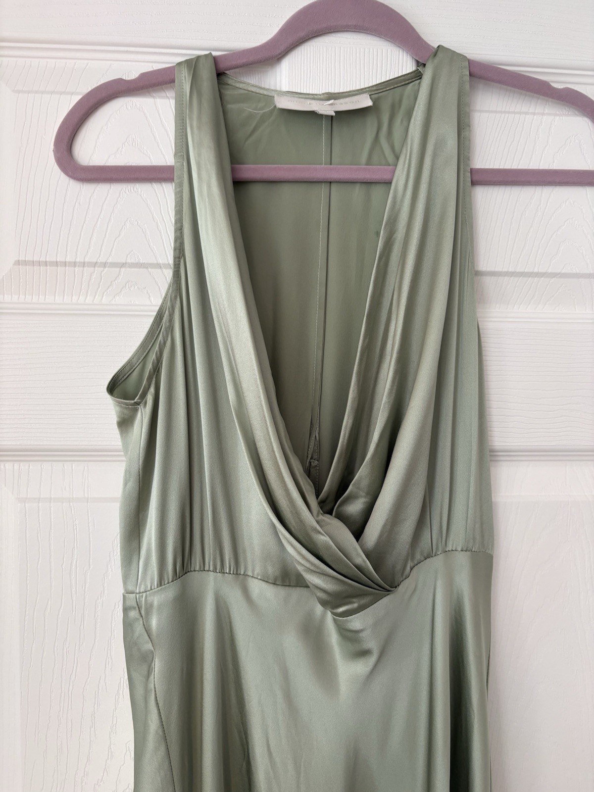 Michelle Mason Green Silk Satin V-Neck Sleeveless Maxi Dress Zip Closure 4