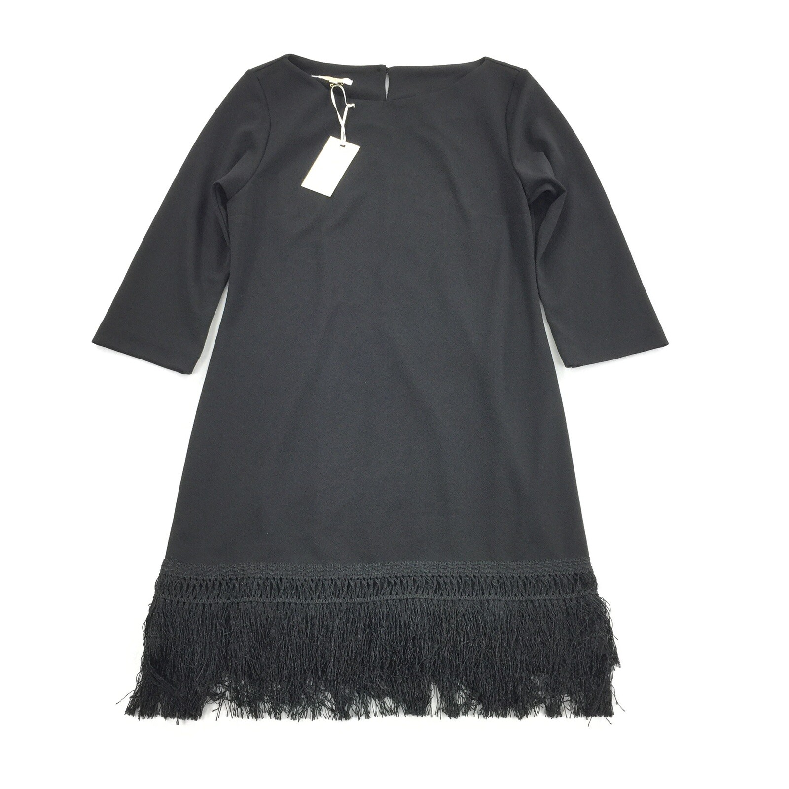 NWT Britt Ryan 3/4 Sleeve Fringe Botton Cocktail Dress Small Solid Black LBD S