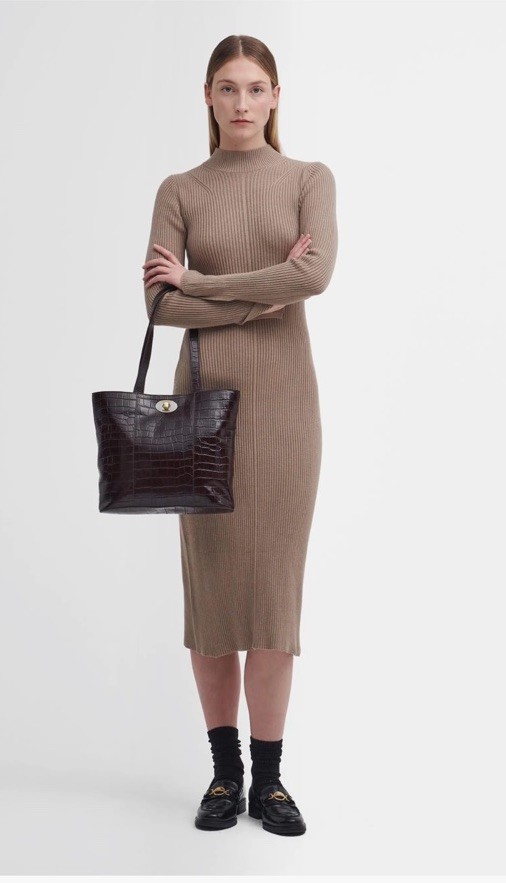 Barbour NWT Francis Long Sleeve Rib Midi Dress Honey Brown Size 10 Office Casual