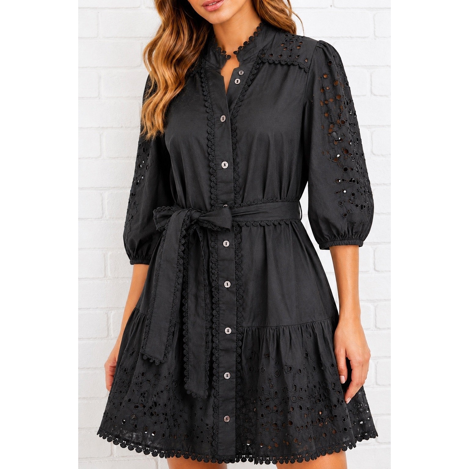 NWT Avec Les Filles Black Eyelet Lace Trim Shirt Dress Tie Waist Size L Western