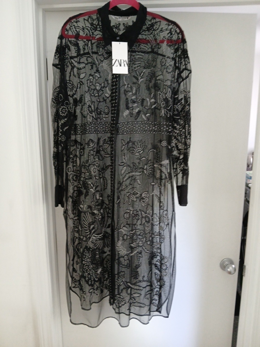 Zara NWT Black Semi-Sheer Embroidered Button Down Long Shirt Dress Overshirt XL