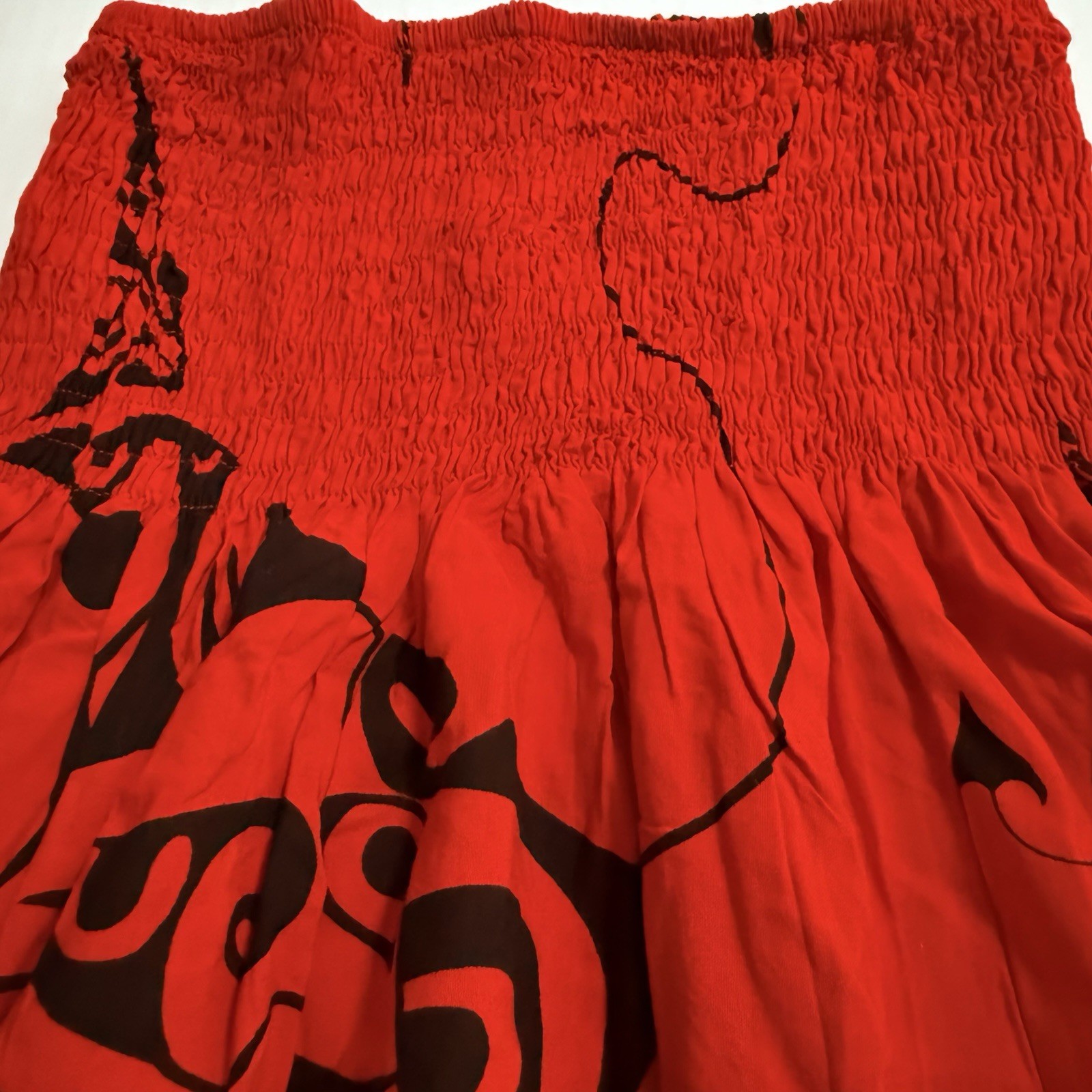 Manava Red Black Graphic Print Strapless Smocked Stretch Maxi Sundress One Size