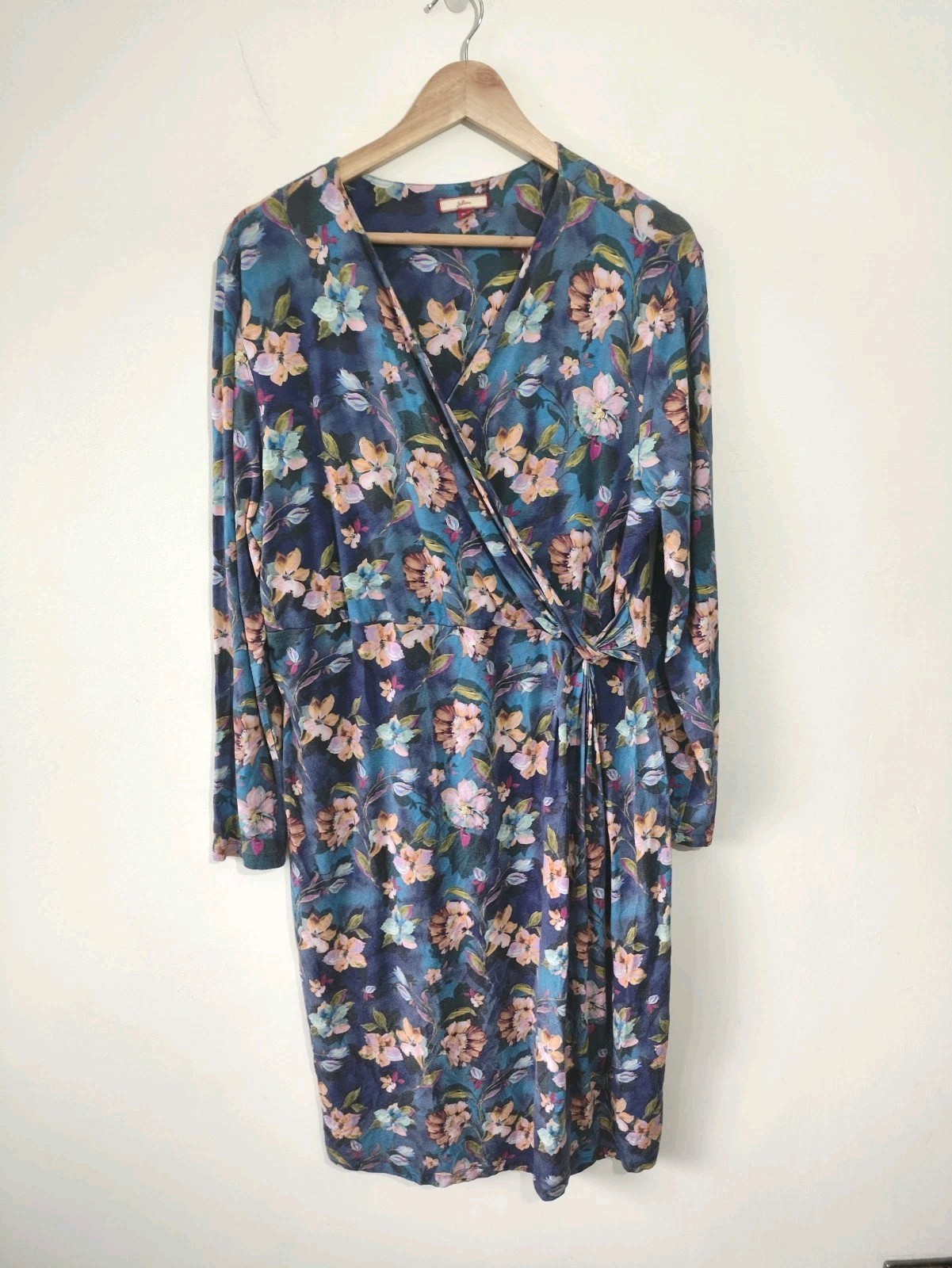 Joe Browns Midi Dress size 18 Blue Floral Casual Long Sleeve Wrap Vneck Folklore