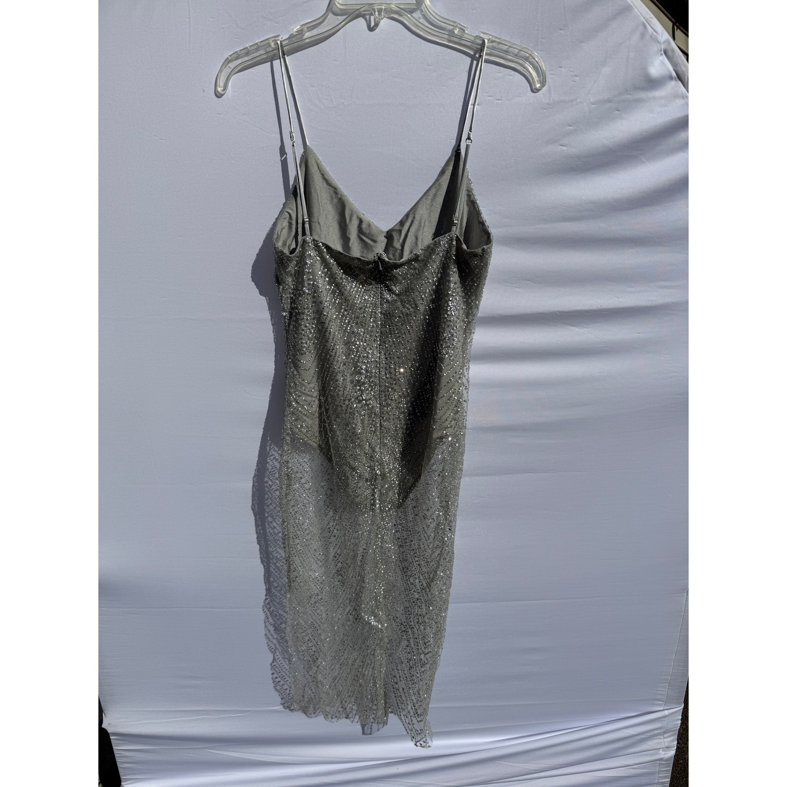 Meshki Aviana Silver Jeweled Glitter Mesh Midi Party Dress Sz S