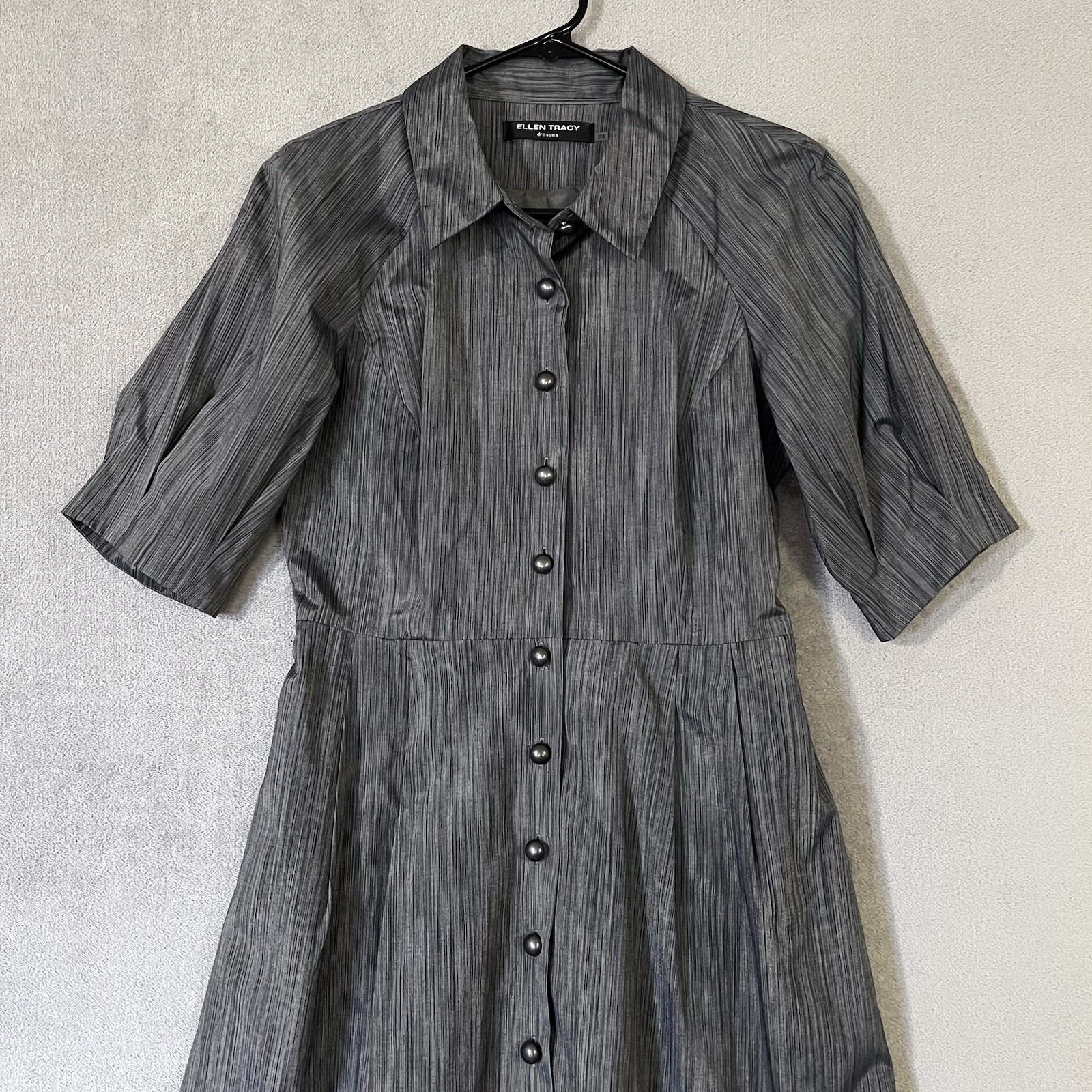 ELLEN TRACY Button Front Shirt Dress Gray Petite 8 Puff Sleeves Lined Classic