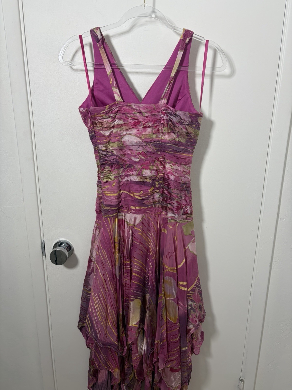 Olle USA Abstract Sequin Ruched V-Neck Midi Strappy Handkerchief Hem Y2K Fairy
