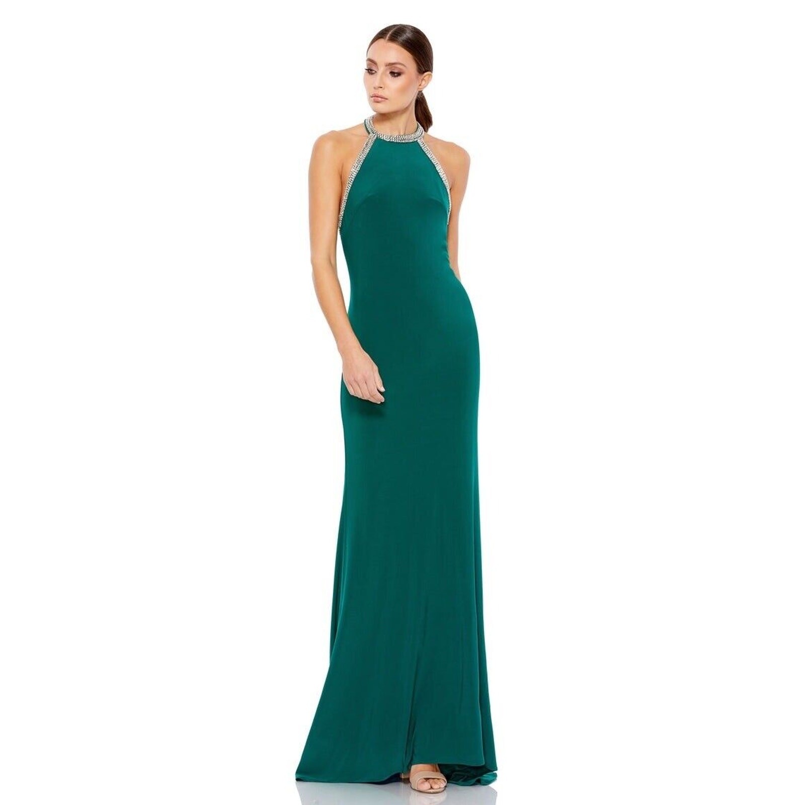Mac Duggal 55285 Halter Rhinestone Accented Evening Gown Emerald Green Sz 4 NWT