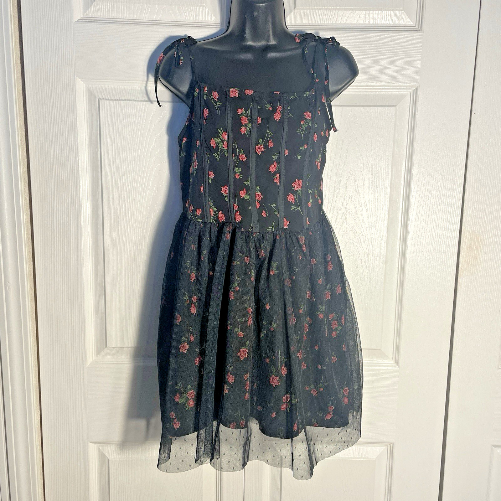 Dazy Floral Dress Women L Black Pink Roses Sleeveless Mesh Ovrelay Whimsigoth