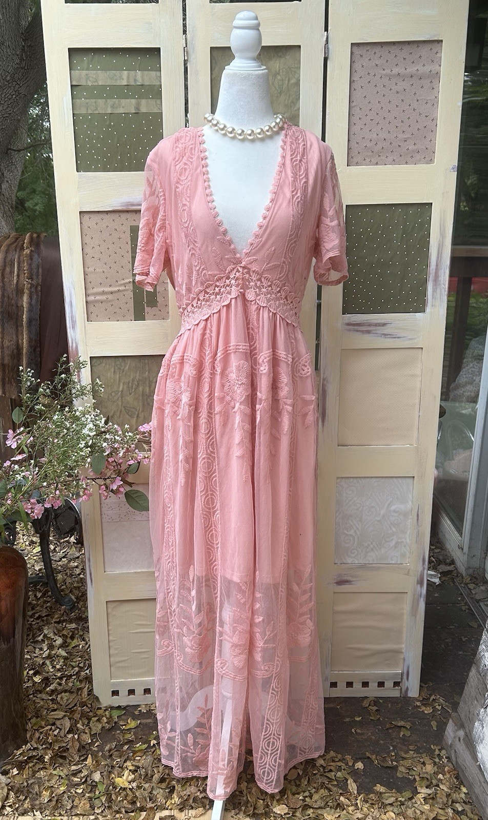 Embroidered Floral Formal Maxi Dress Sz L Semi Sheer Fairy Princess Garden Party