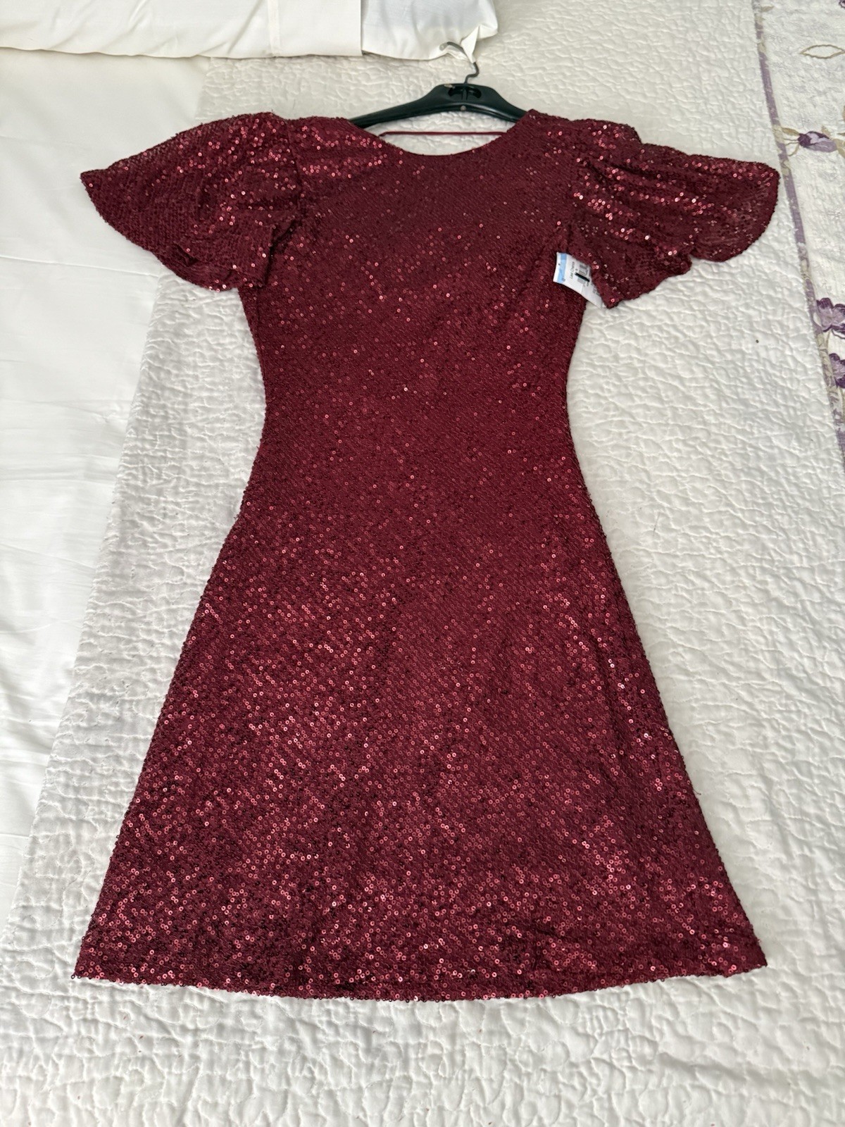 ASTR The Label Wine Sequin Crew Neck Flutter Sleeve Drape Back Mini Dress XS