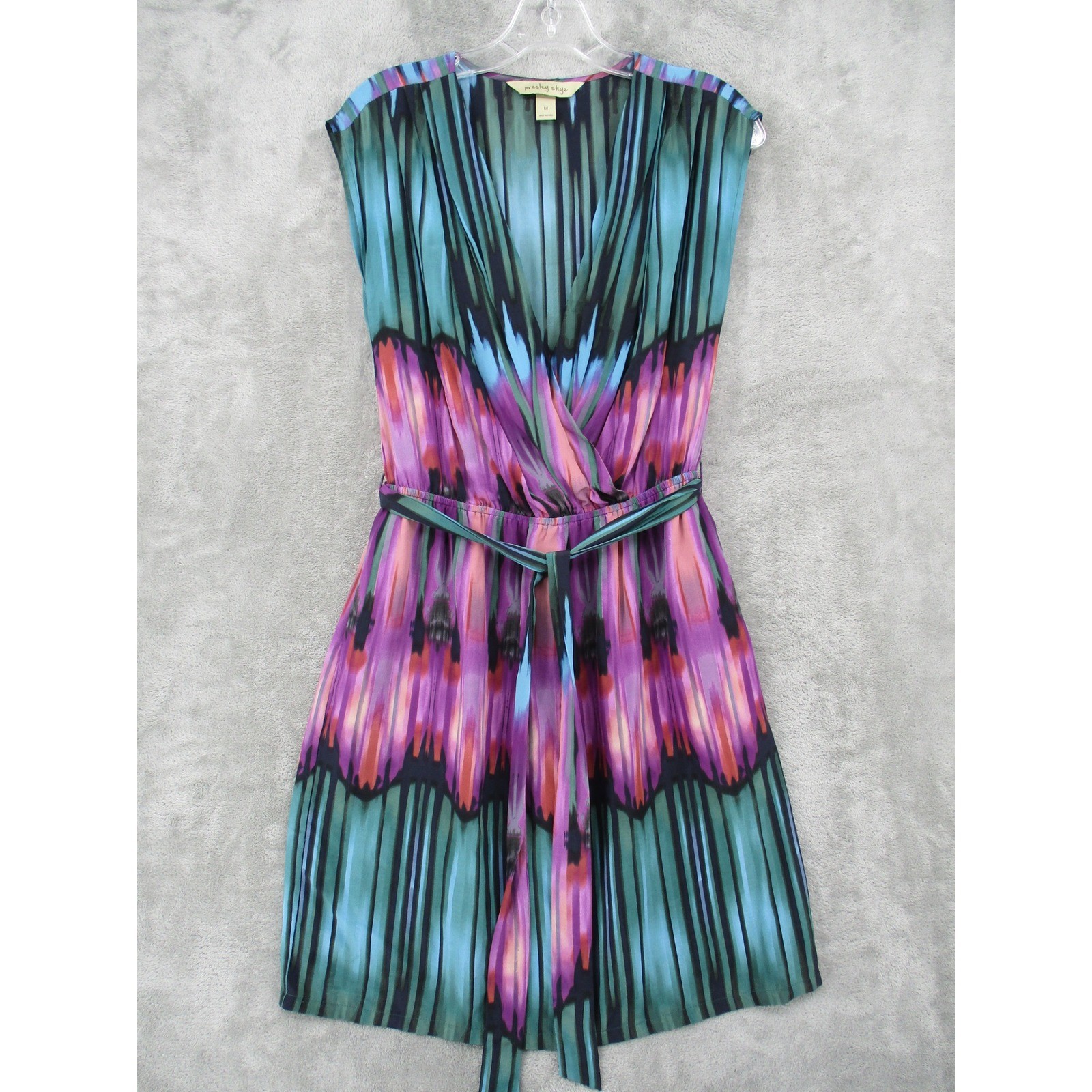 Presley Skye Dress Womens Medium Silk Abstract Belted Lightweight Boho Pockets