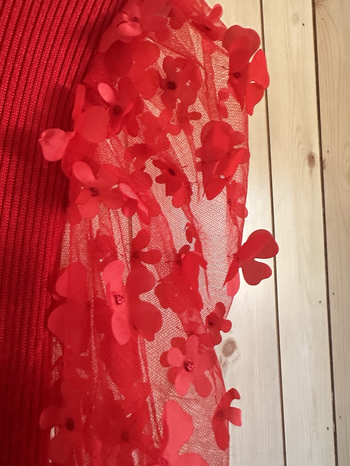 Almost Famous Size L Red Knit Sweater Dress Sheer Floral Sleeves