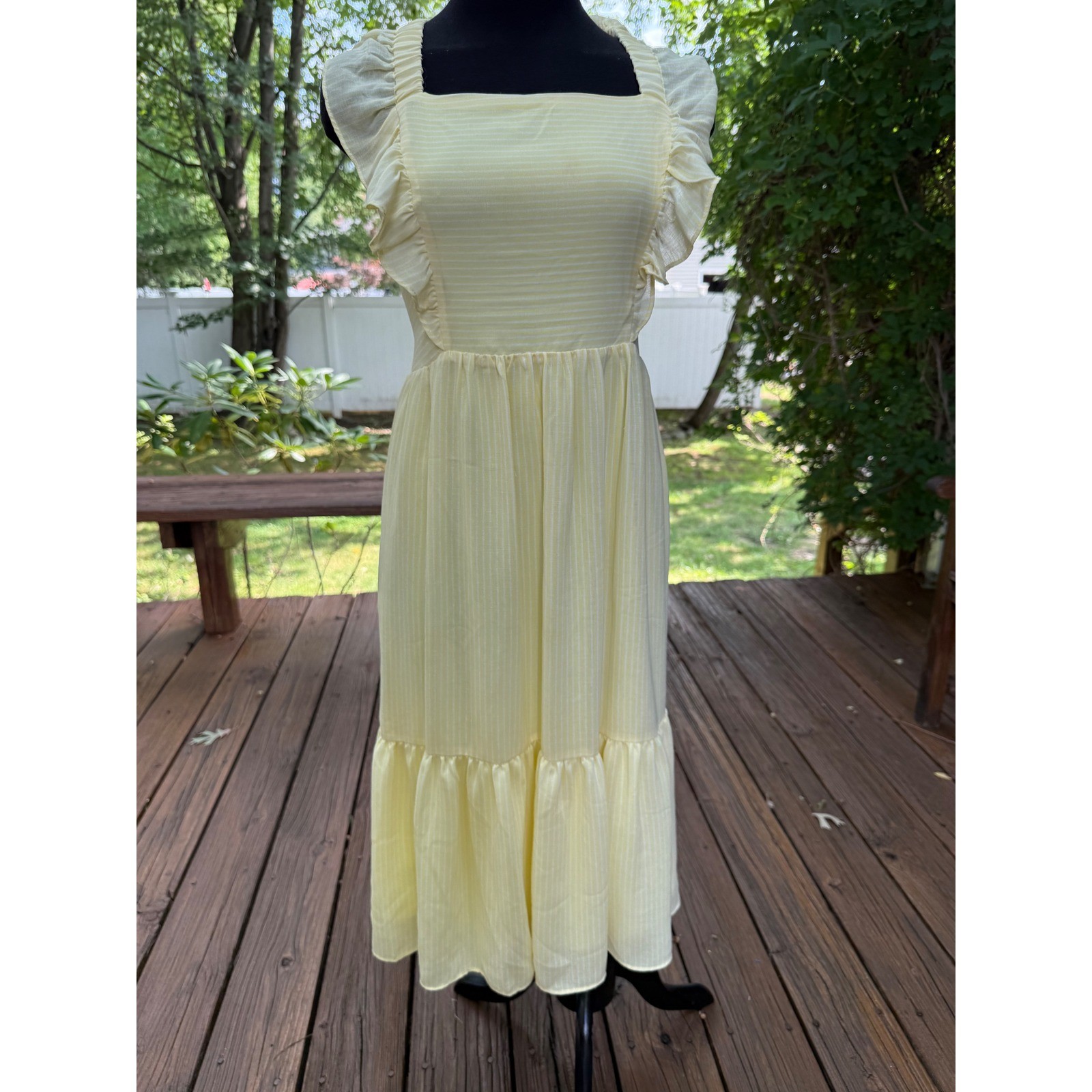 Yellow Pinstripe Ruffle Open Back Tie Midi Dress Cottagecore Sun Dress Medium