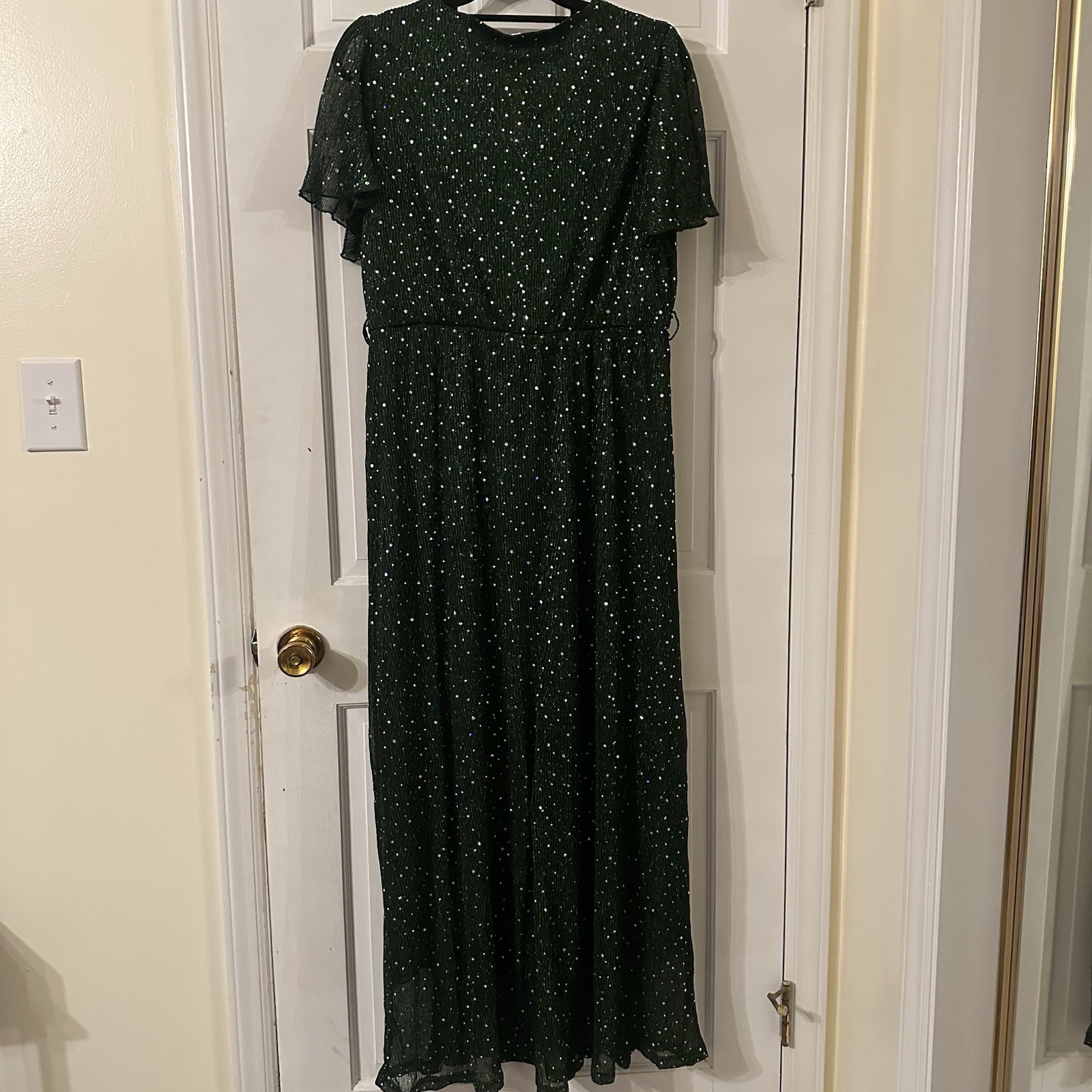 Green Polka Dot Chiffon Polyester Jumpsuit XL Flutter Sleeve Wide-Leg