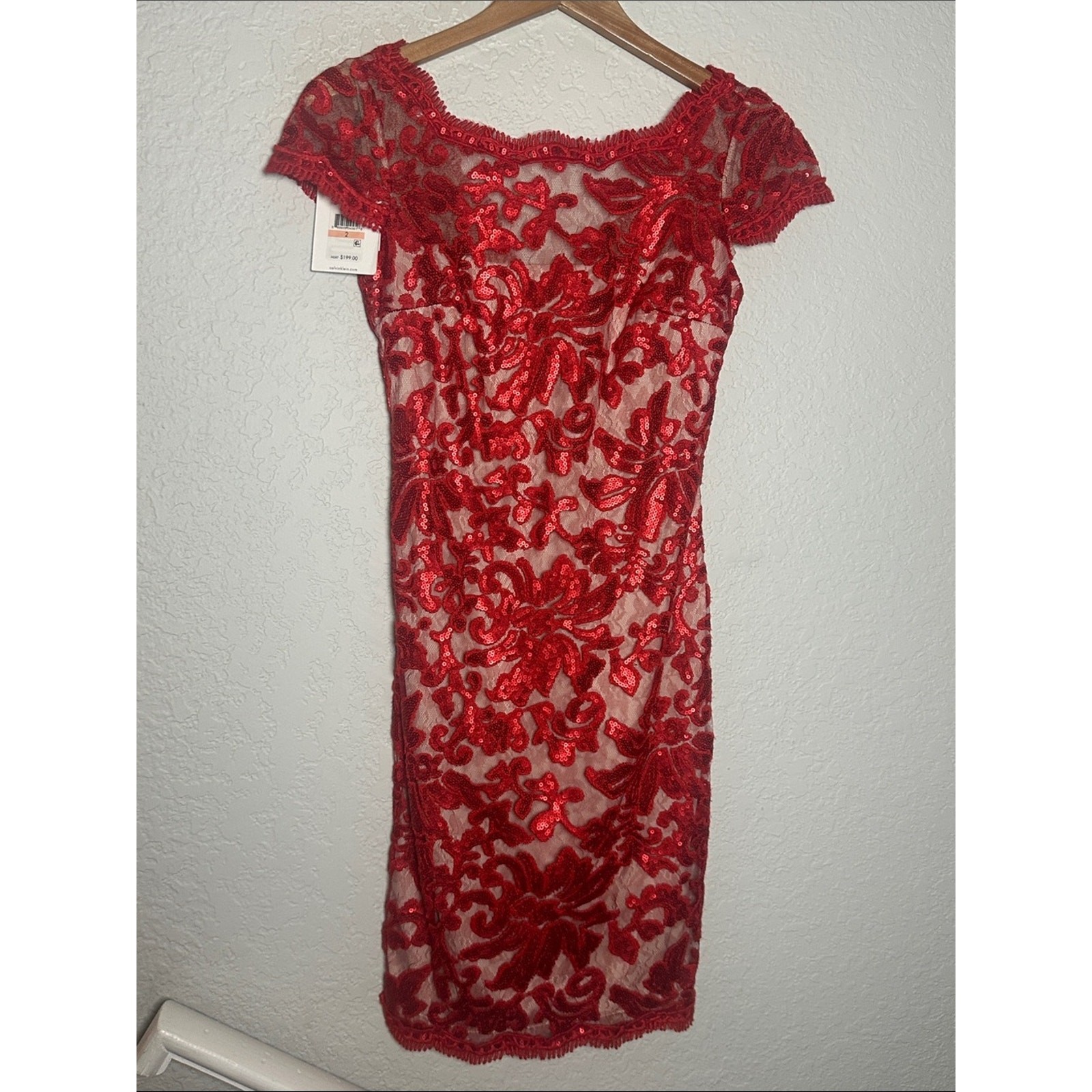 NEW Calvin Klein Red Embroidered Lace Sequin Cocktail Dress Evening Holiday Fall