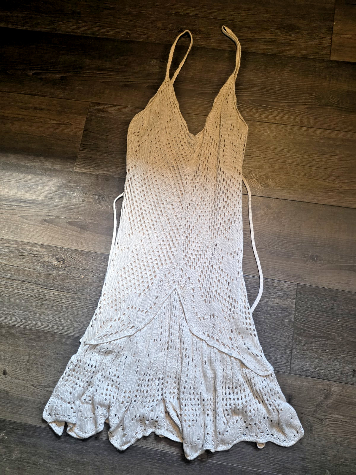 Ivory Crochet Slip Midi Dress S V-Neck Spaghetti Strap