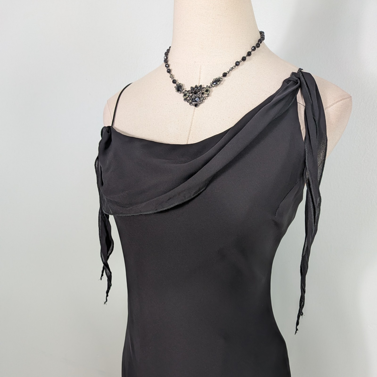 Vintage Silk Midi to Maxi Dress 8 Black Slip 90s Y2K Fairy Goth Guest Cocktail