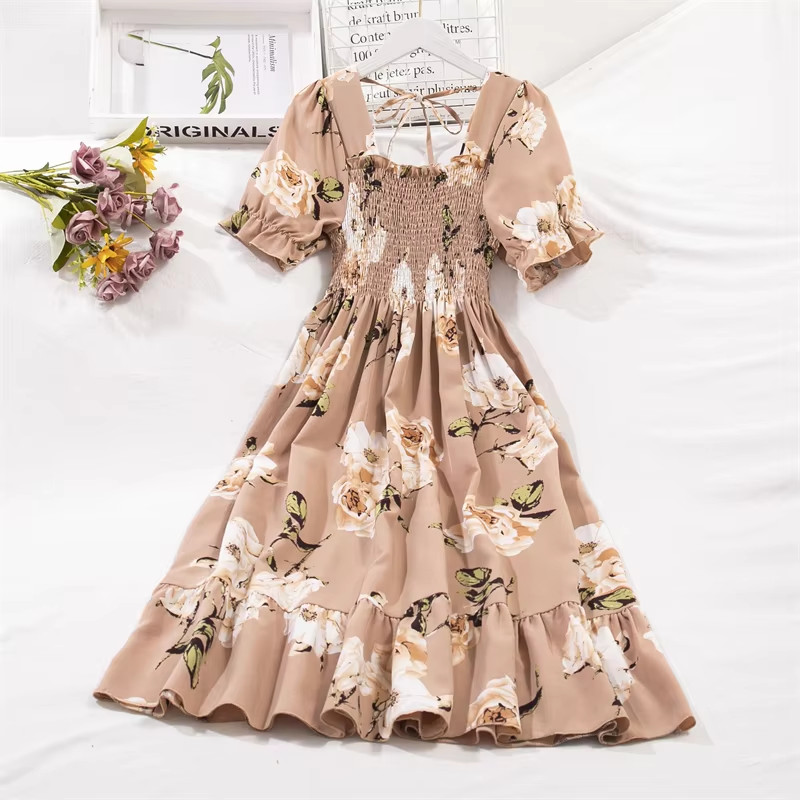 Chic Spring Summer Chiffon A-Line Dress with Elastic Waist and Short Sleeves