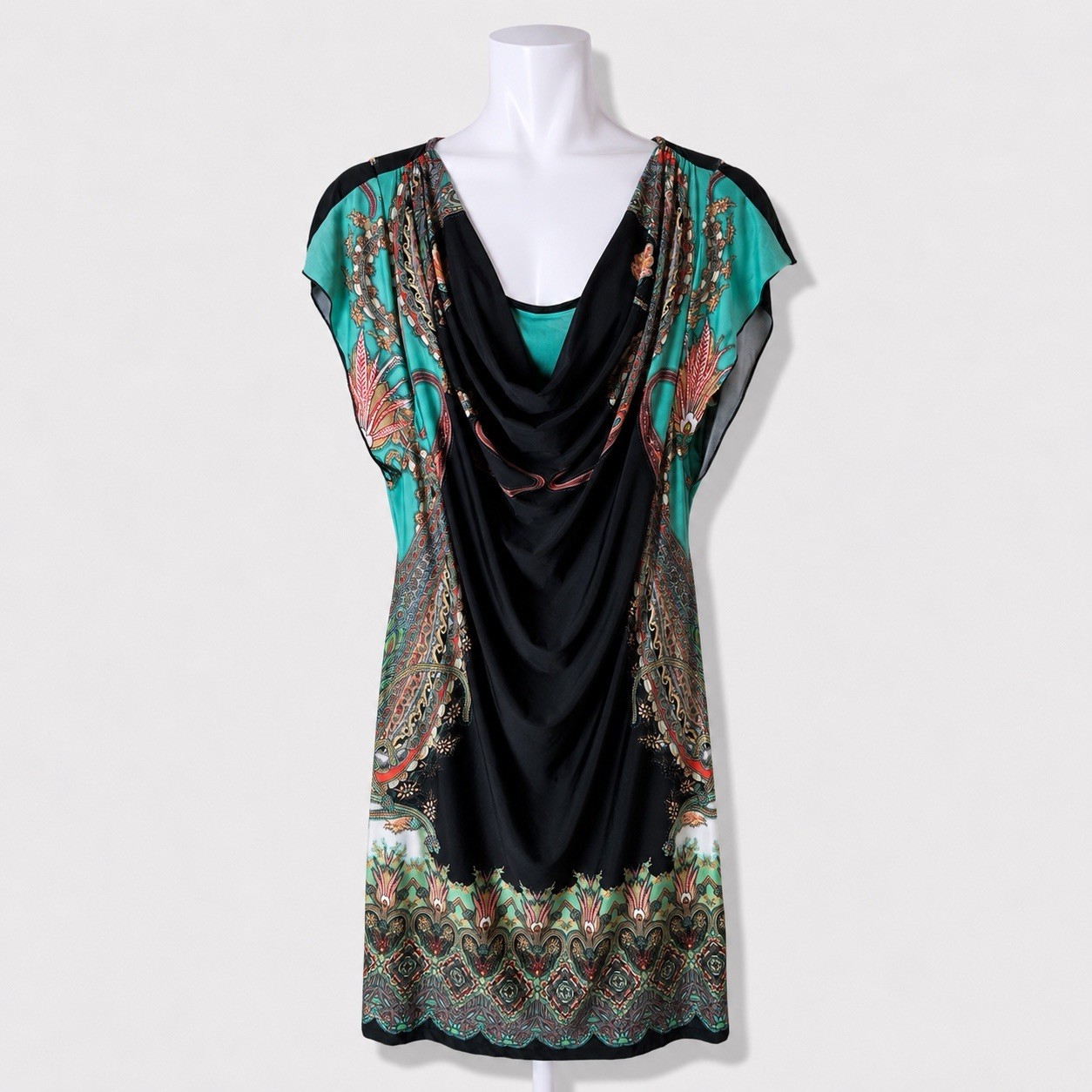 NWT One World Paisley Cowl Neck Dress XL Turquoise Black Boho Flutter Sleeve