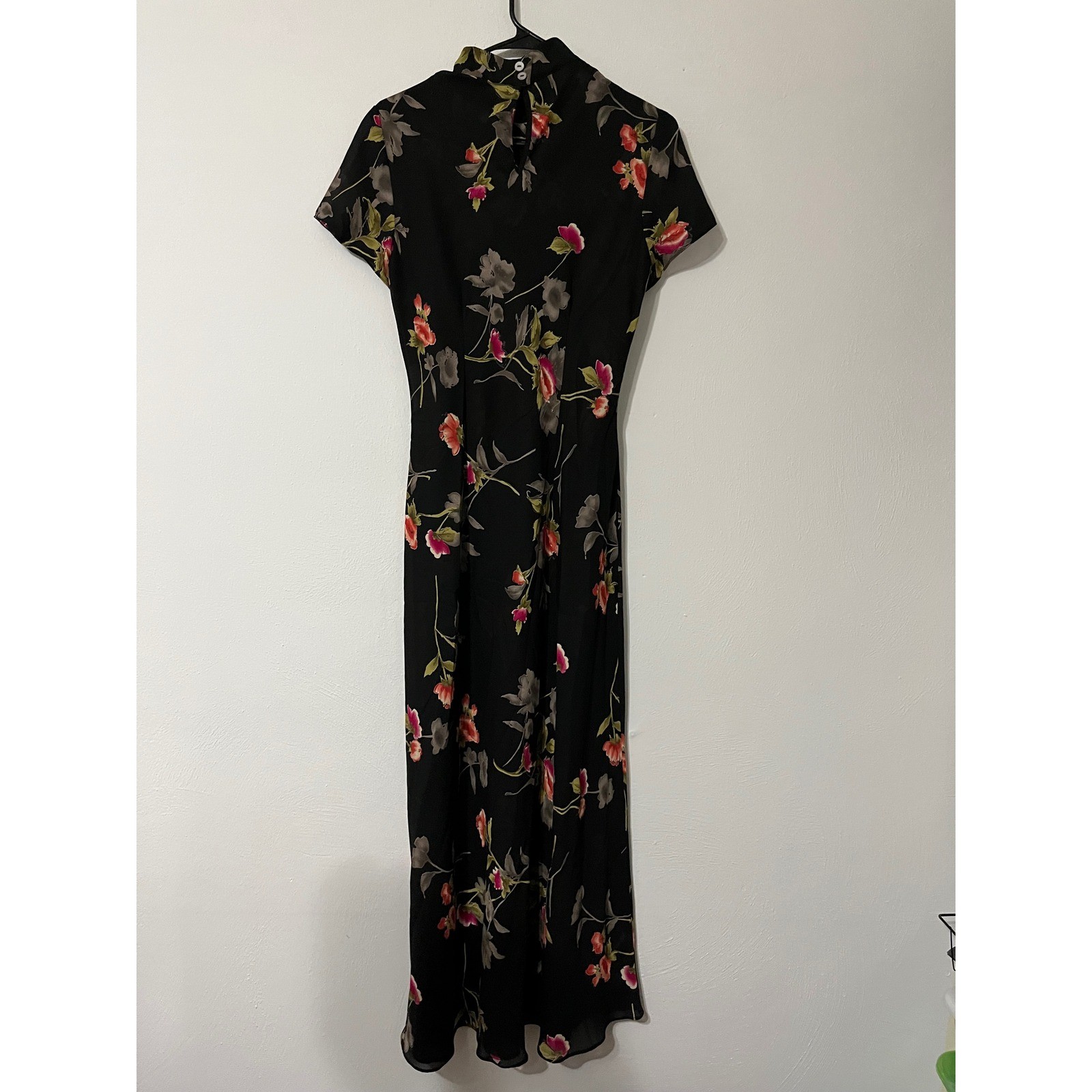VNT Inspired Floral Cheongsam Maxi Dress Mandarin Collar Qipao Black Pink Rose