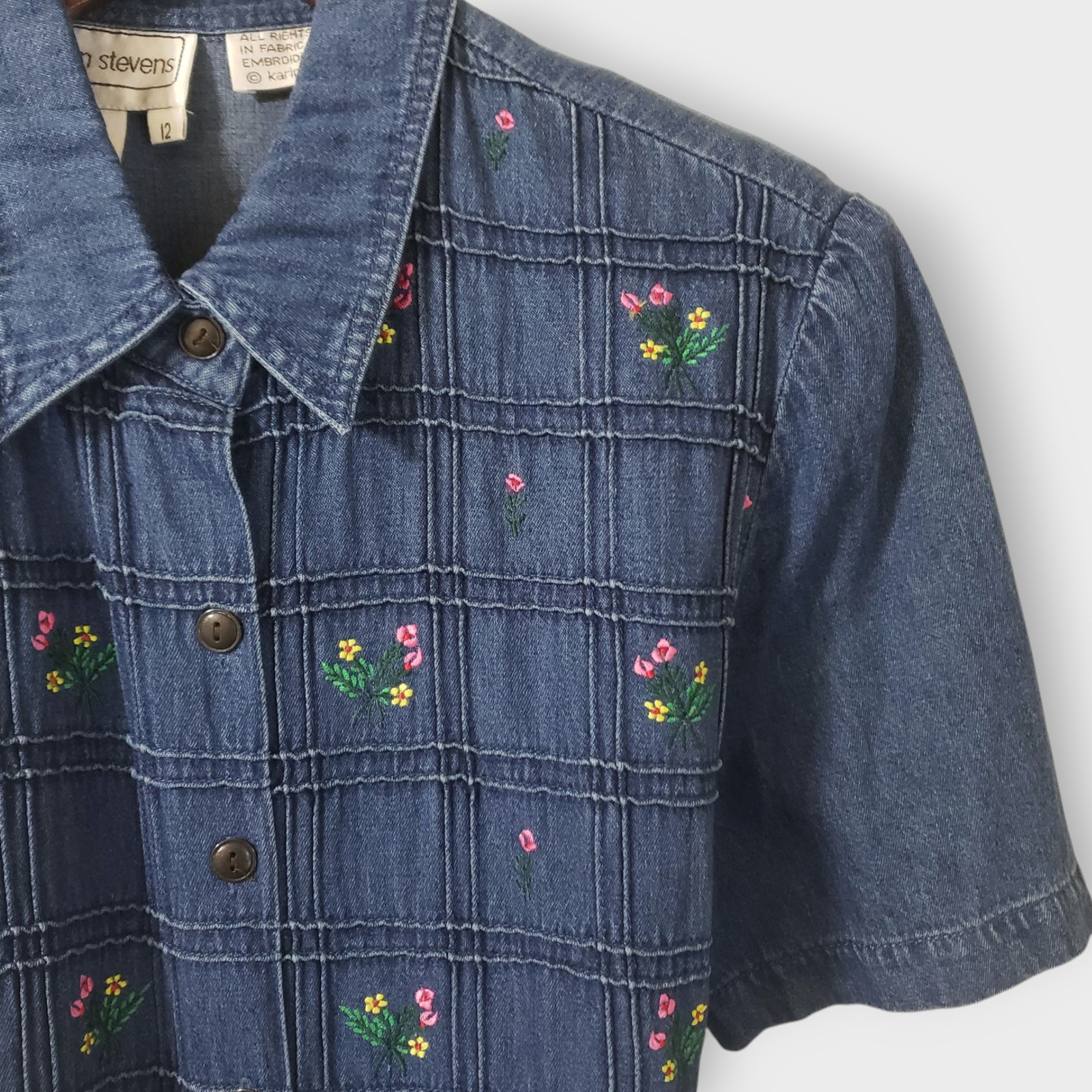 Karin Stevens Denim Button Front Midi Dress Floral Embroidered Sz 12 Cottage