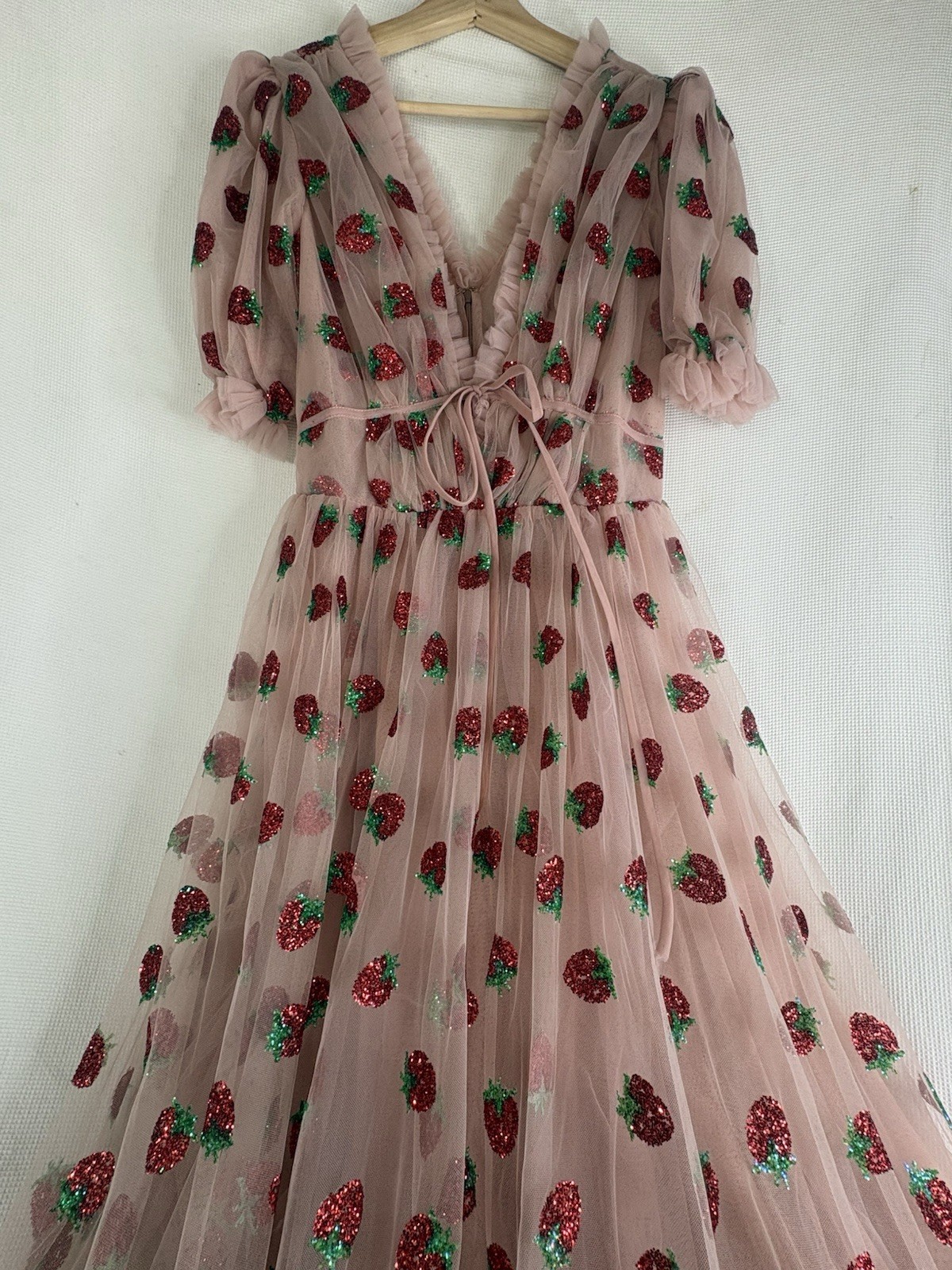 Lirika Matoshi Pink Strawberry Tulle Dress Puff Sleeve Midi V-Neck Lace Up Sz M