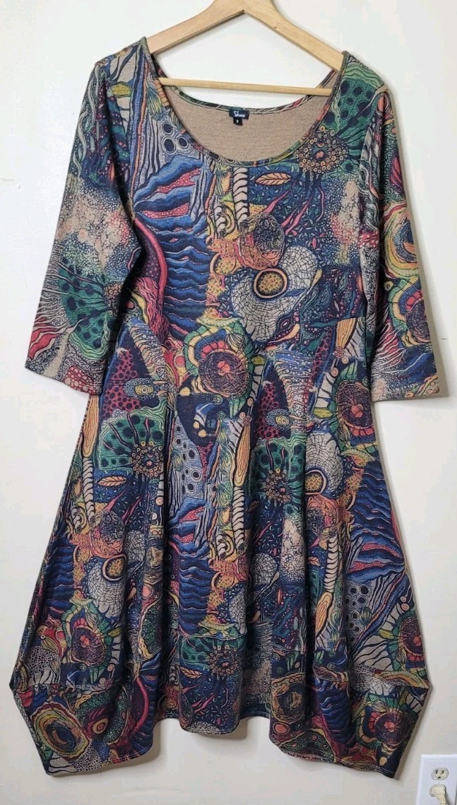 Shana Boho Bubble-Hem Midi Dress Small Lagenlook 3/4 Sleeve Stretch Artsy