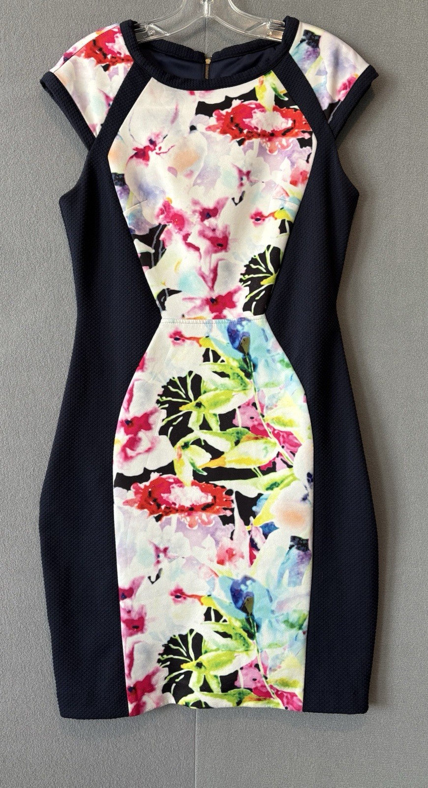 Pink Martini women blue floral print short cap sleeve knee length pencil dress M