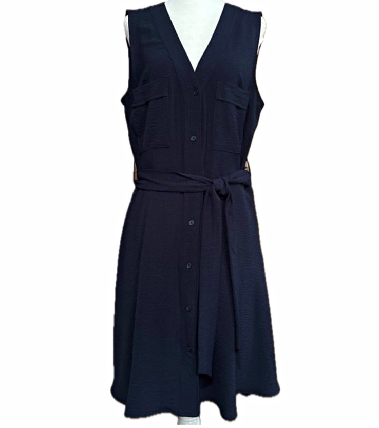 DKNY Navy Sleeveless V-Neck Button Front Belted Pocket Midi Shirt Dress 2
