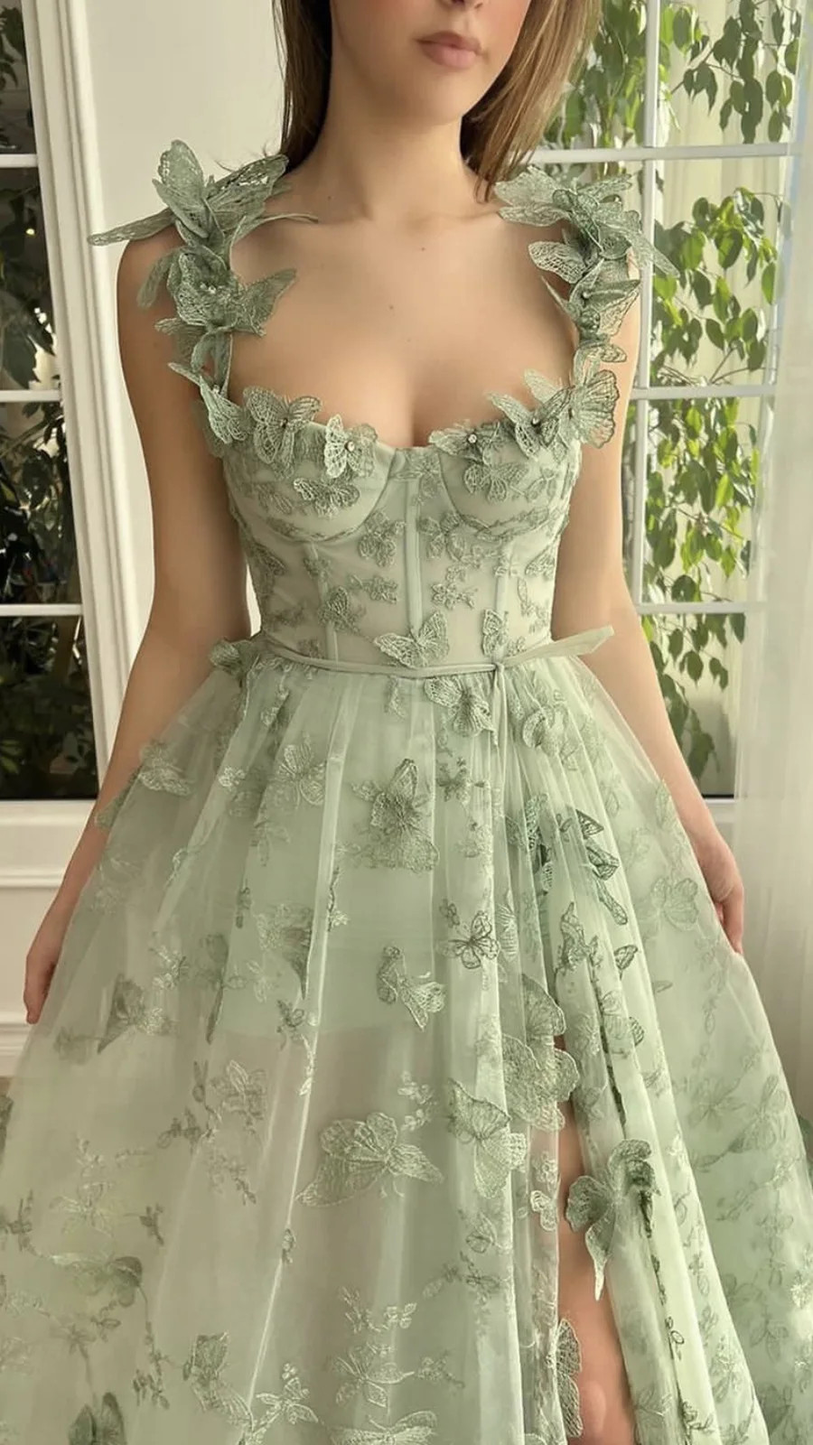 Forest Fairy Evening Gown Lace Mesh Modest Dress Thigh High Slit Long Dresses