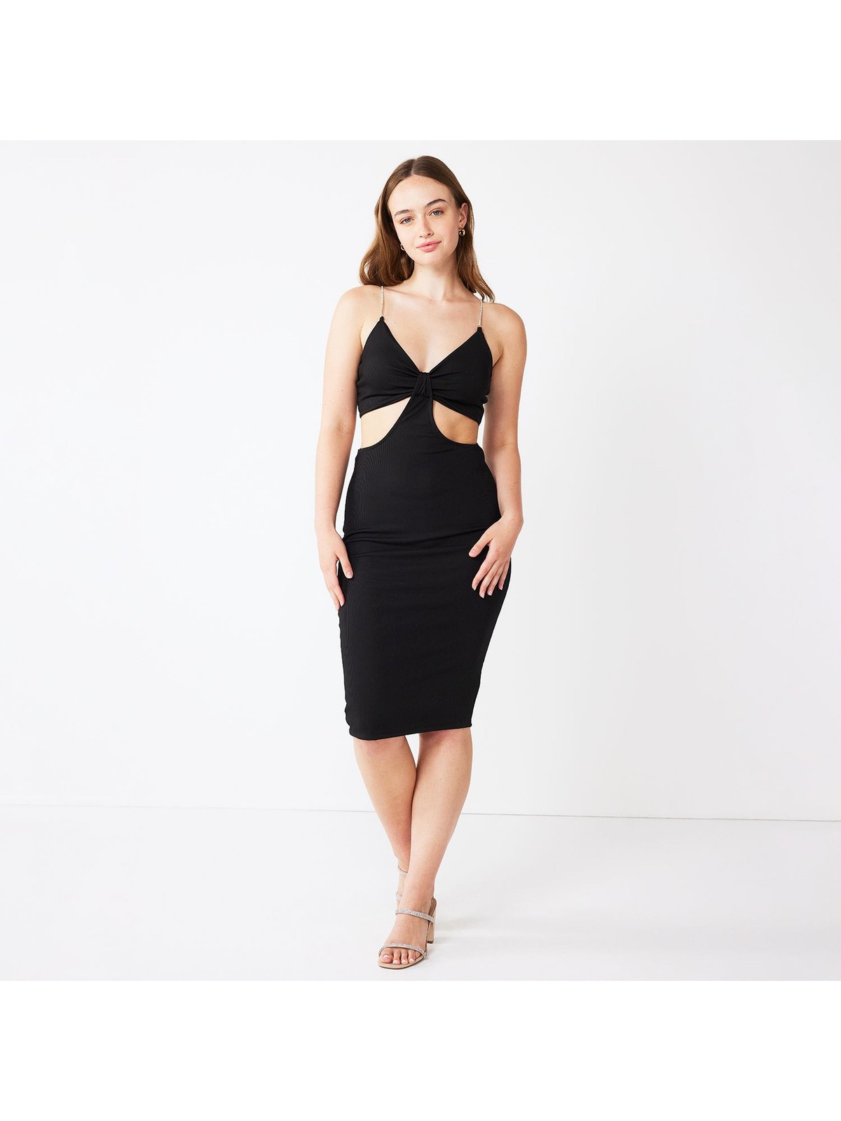 ALMOST FAMOUS Womens Body Con Midi Dress Black Sleeveless Straps Juniors L