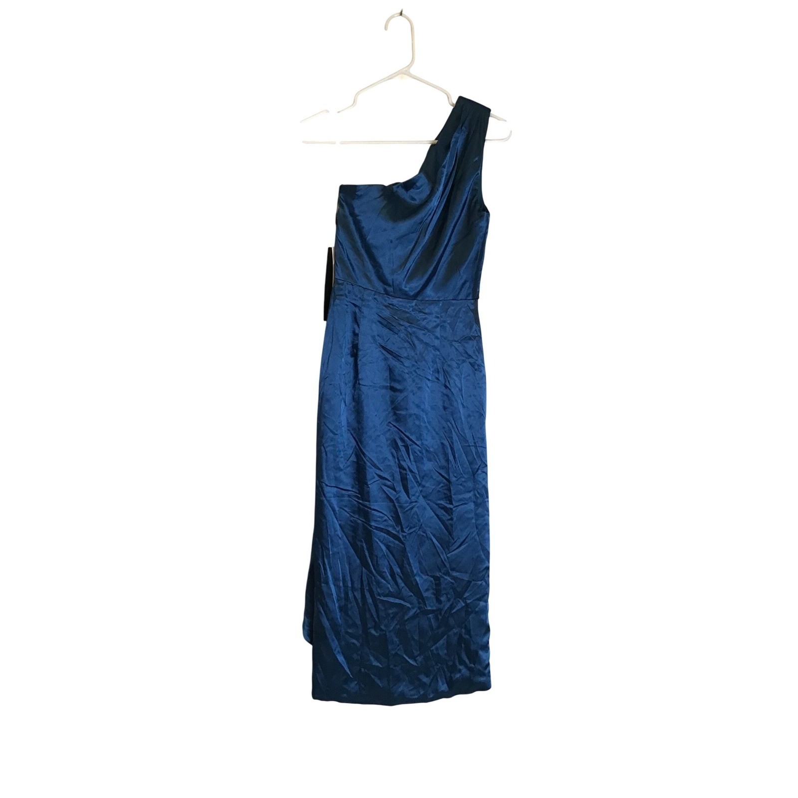 Ryanth Women’s Blue One Shoulder Ruched Satin Midi Dress Size 4 NWT
