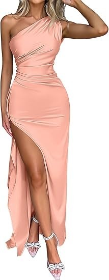 Women’s Sexy One Shoulder High Split Cocktail Wedding Party Maxi Dress