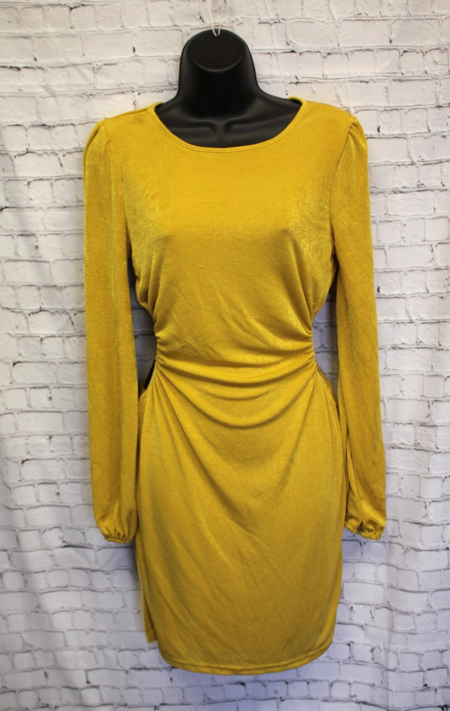 FIESTAR Stretchy Mini Dress Yellow Long Sleeve Size LARGE Cocktail Lounge Hugger