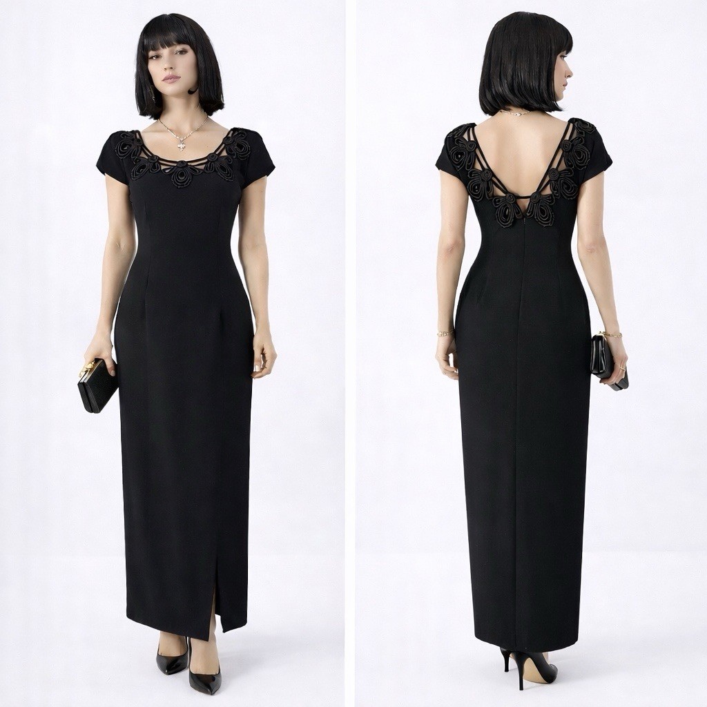 Vintage 80s Black Maxi Dress Formal Party Cocktail Column Soutache Sz S M