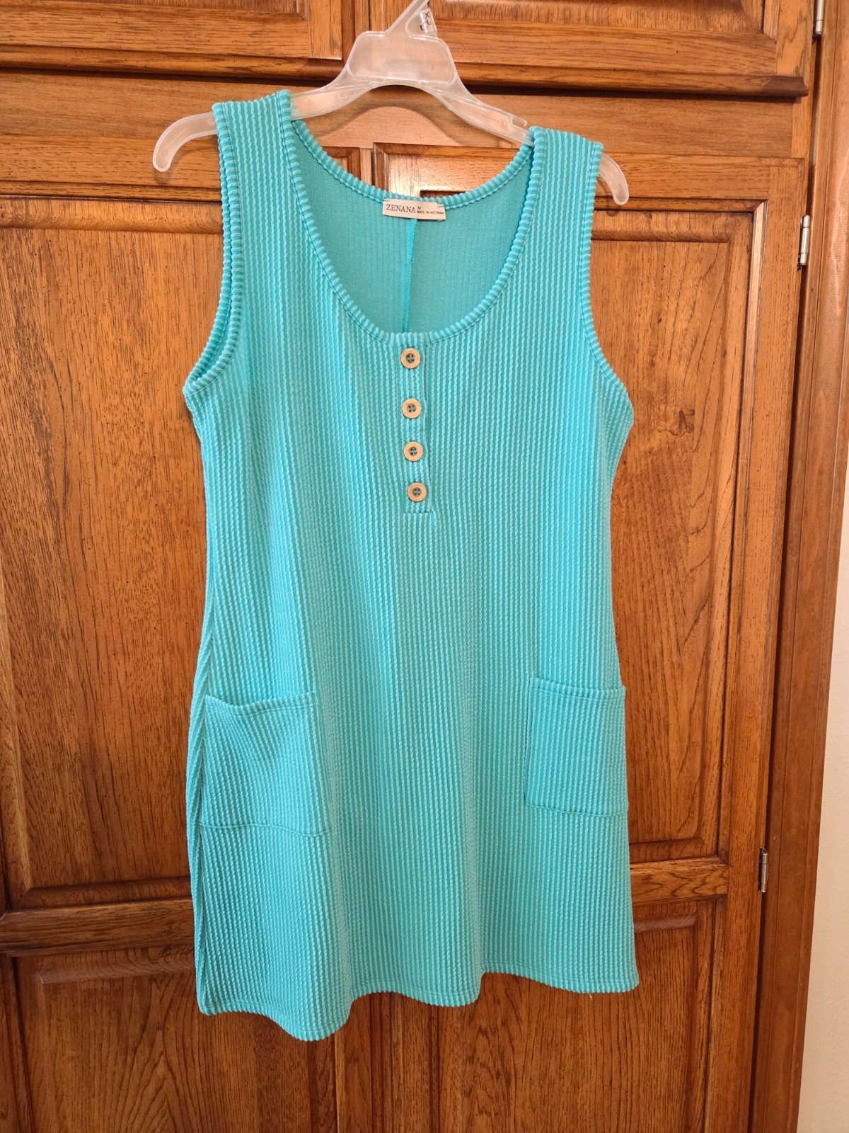 NWOT Zenana Size M Turquoise Raised Rib Ribbed Knit Short Dress w/Pockets Fitted