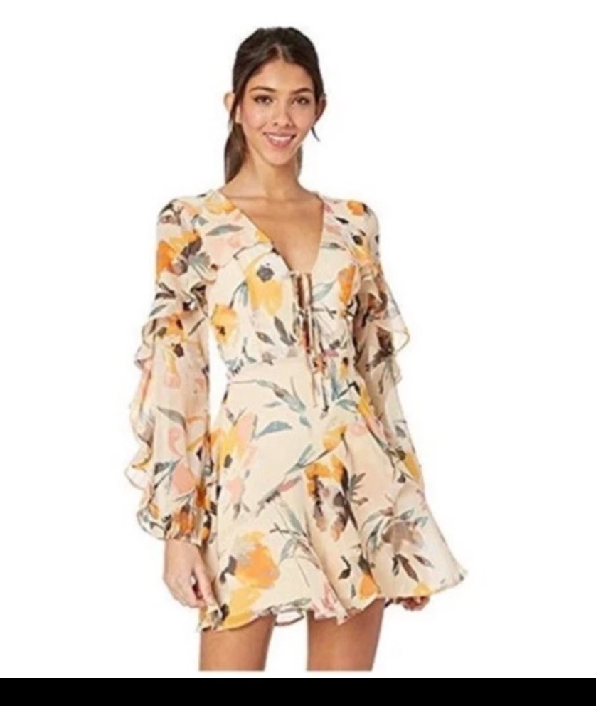 BCBGeneration Floral Mini Dress Lace-Up Front Ruffle Sleeve Open Back Sz 2 Boho