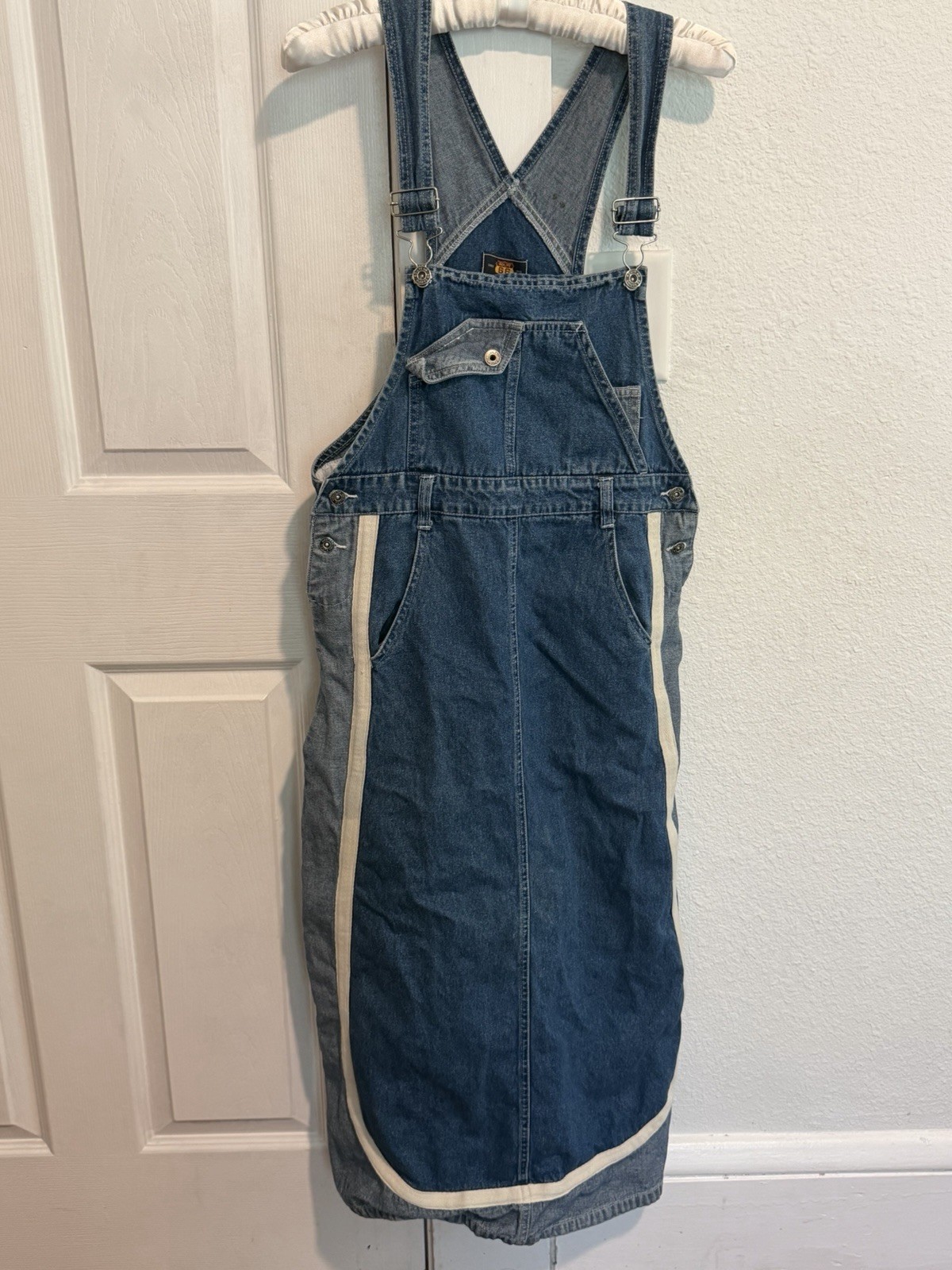 Route 66 Blue Denim Overall Dress Midi Sleeveless Pockets White Trim Size 16
