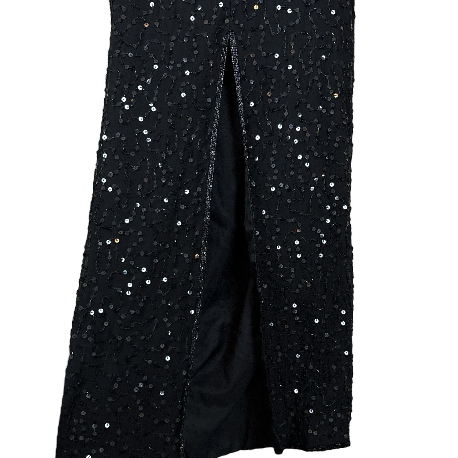 Stenay Silk Beaded Sequined Bow Low Back Long Evening Dress Black Gold Size 4
