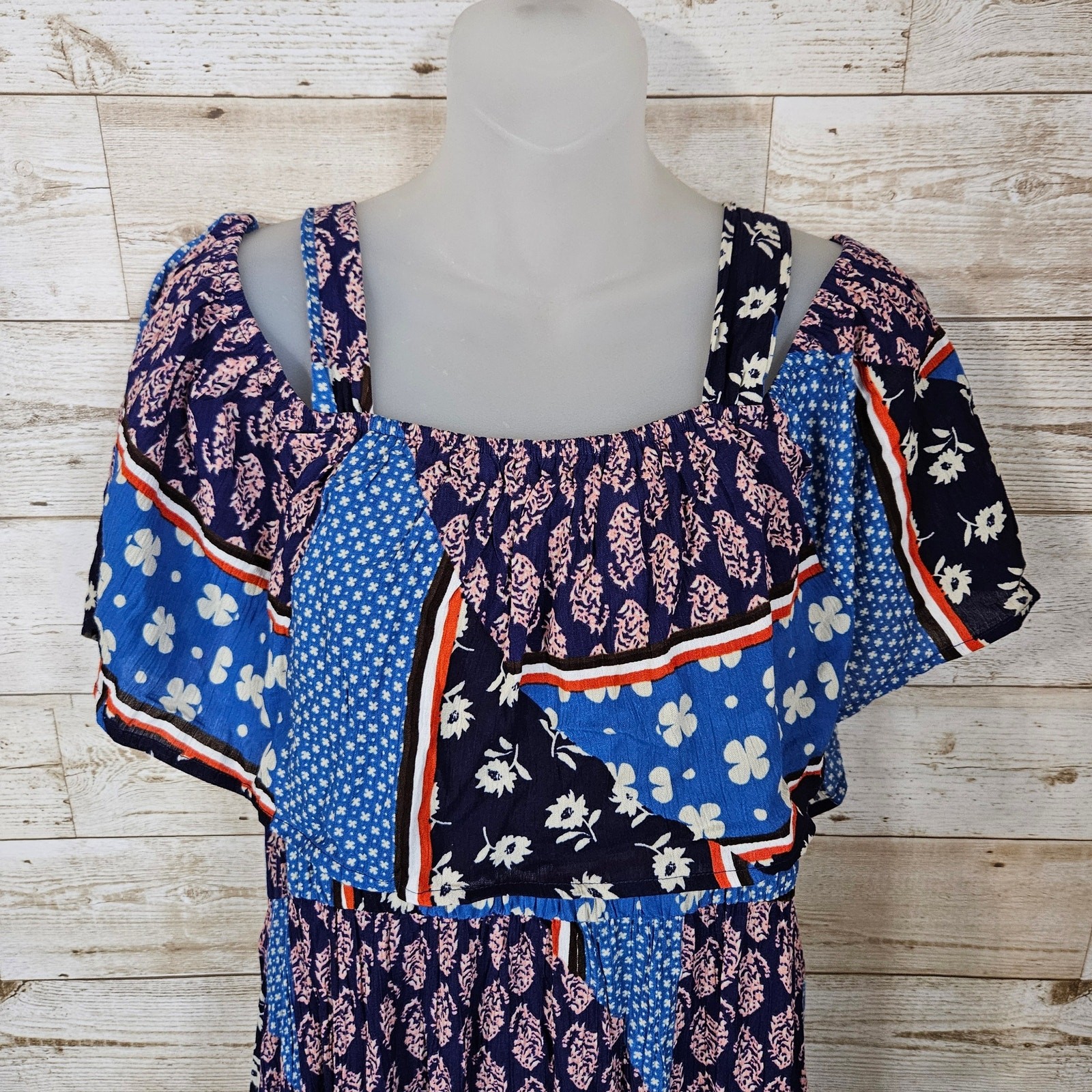 Evans Patchwork Maxi Dress 14 Sundress Floral Ruffle Patriotic Cottagecore XL