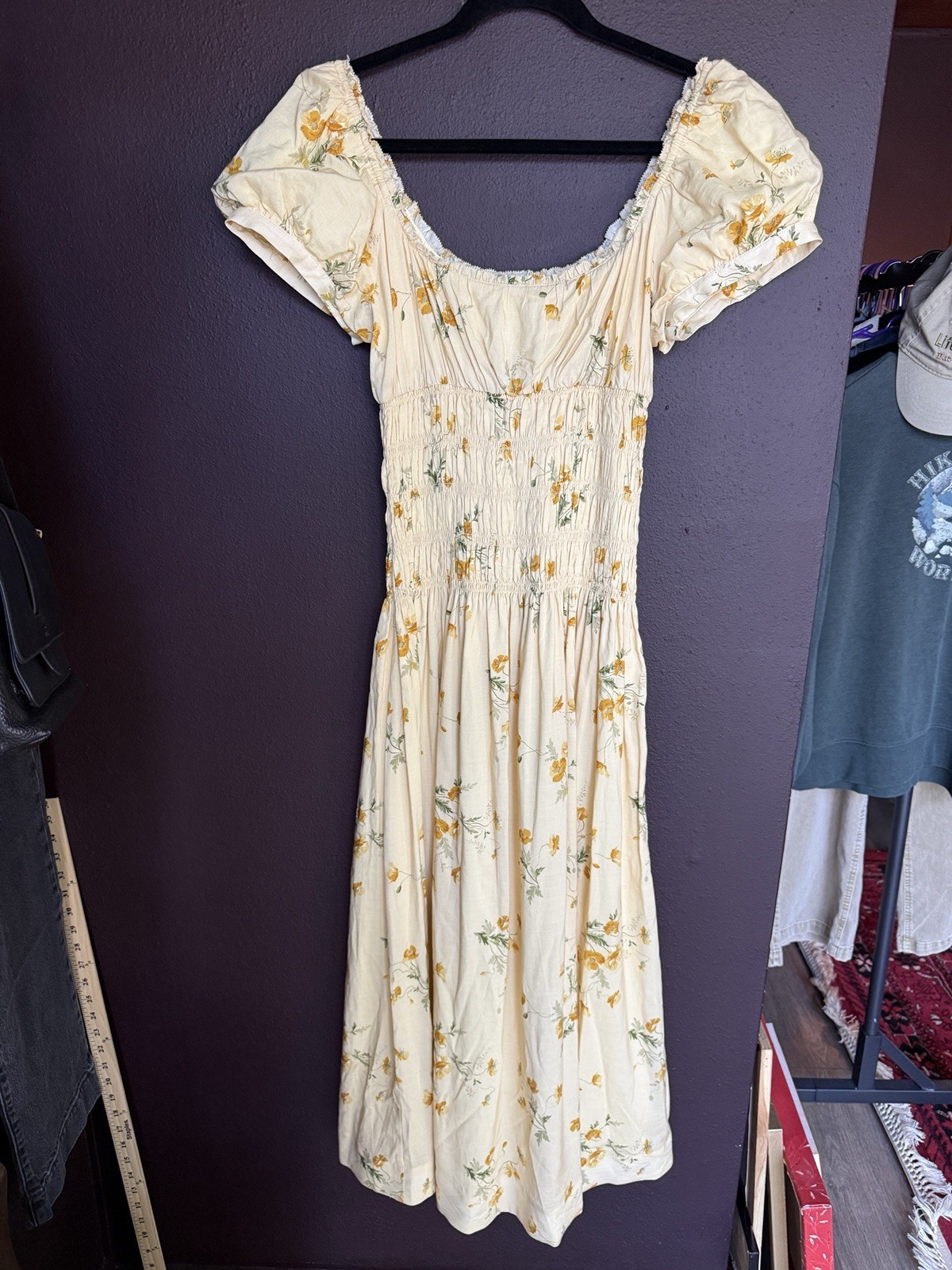 Reformation Ivory Yellow Cottage Core Floral Puff Sleeve Midi Dress Whimsical M