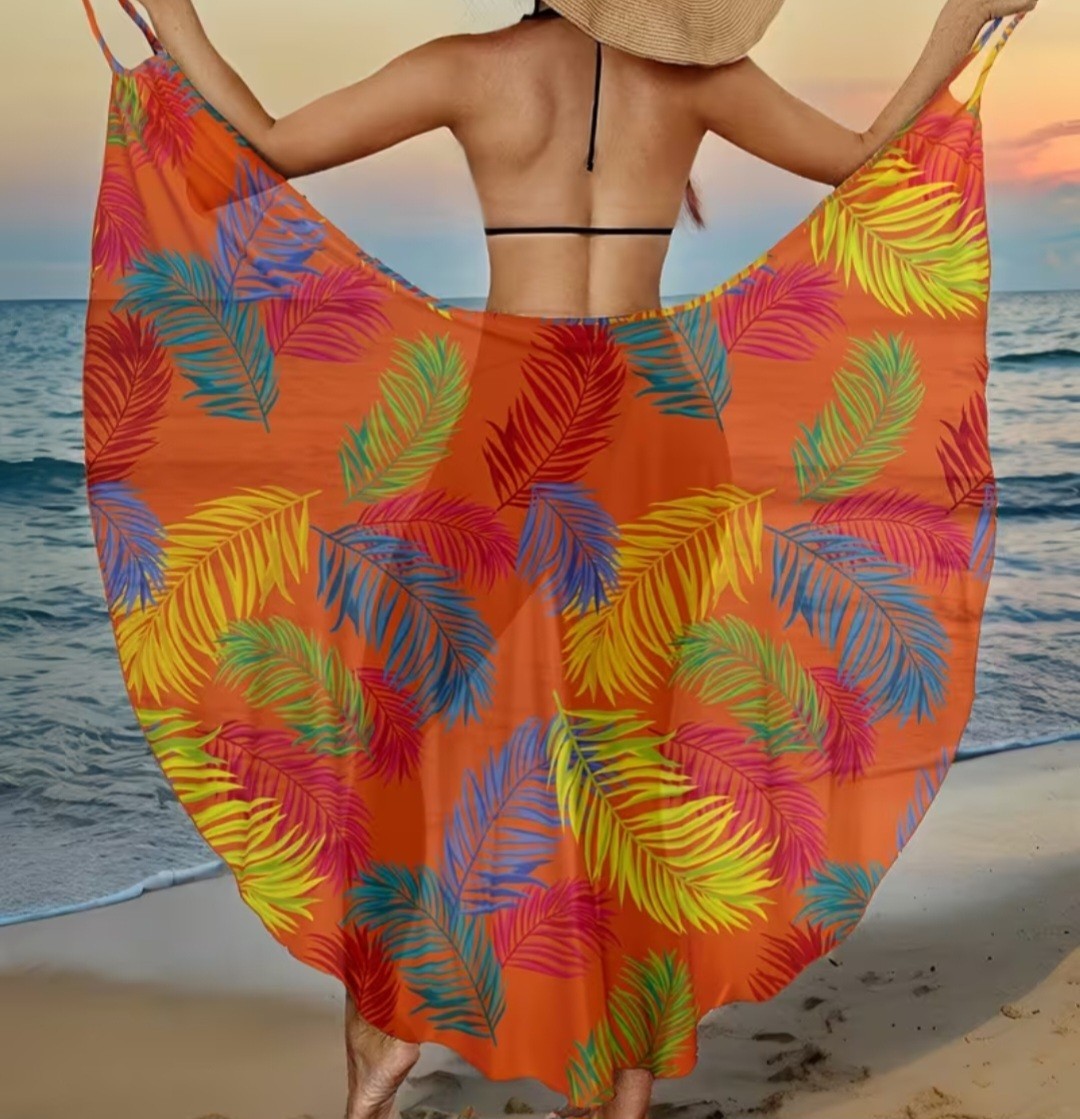 Orange Tropical Floral Sheer V-Neck Strappy Dress Xxl