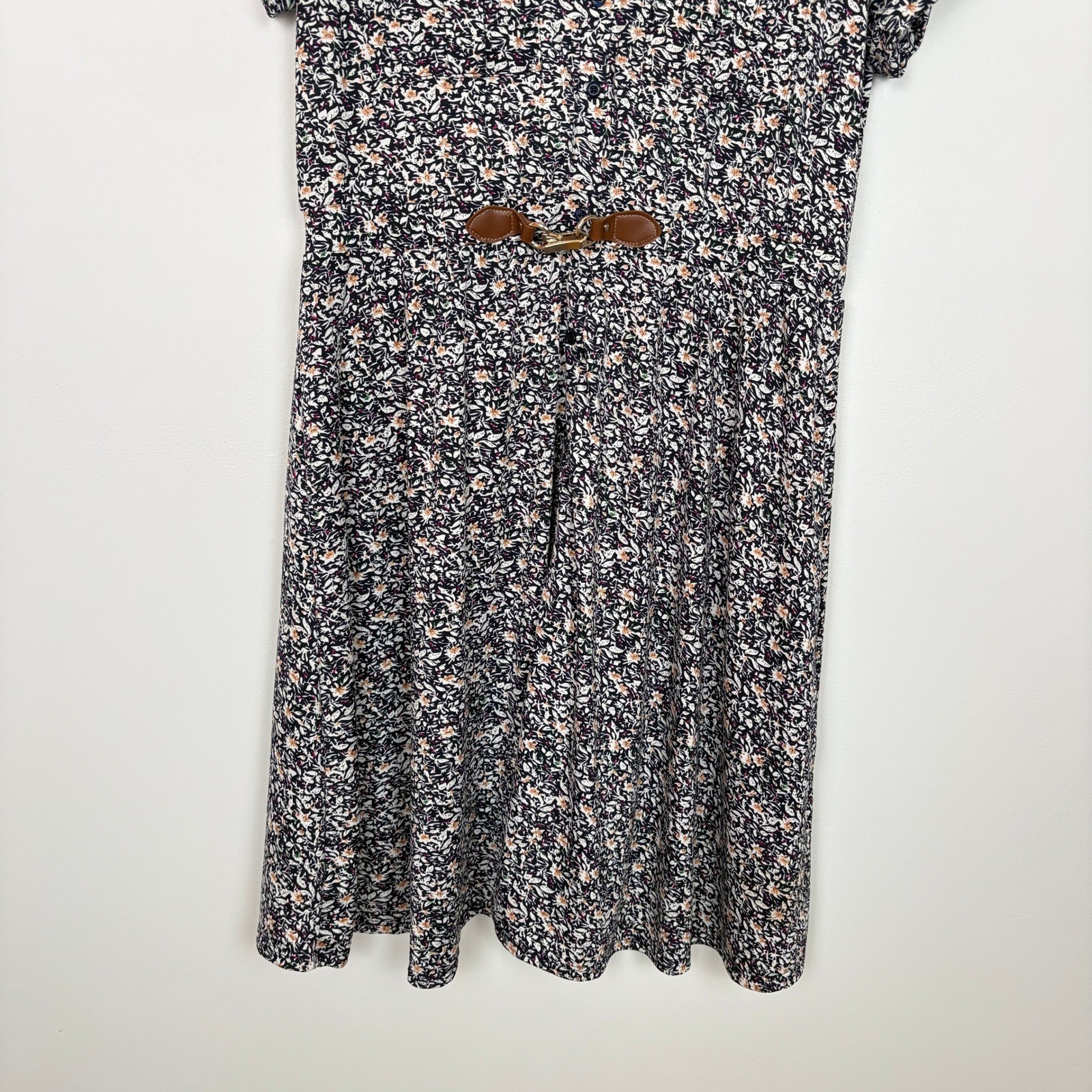 Indigo Rose Women Button Front Floral Dress L Navy Buckle Modest Office Church