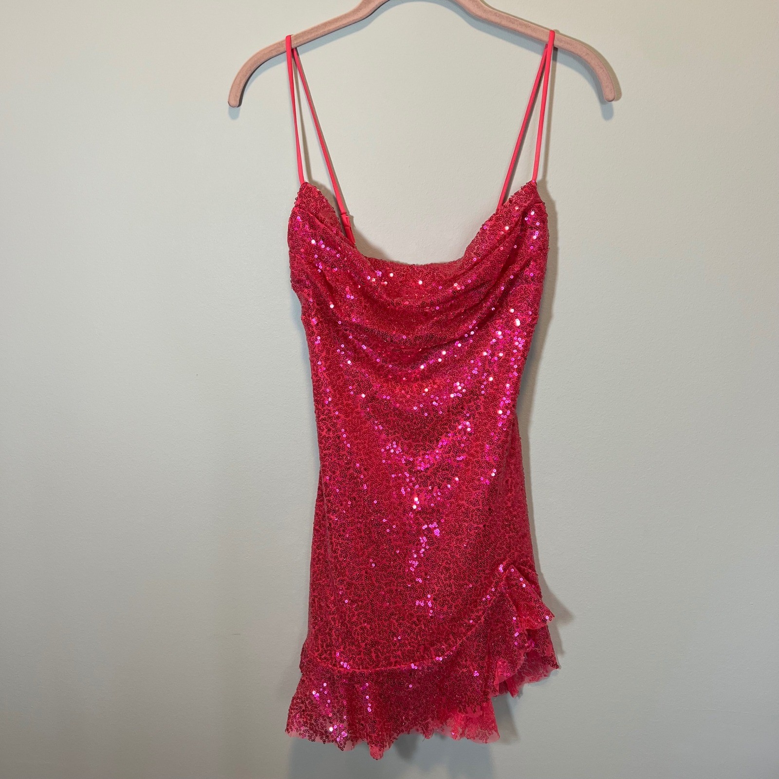 Lucy In The Sky Hot Pink Sequin Lace Up Back Ruffle Mini Dress Small