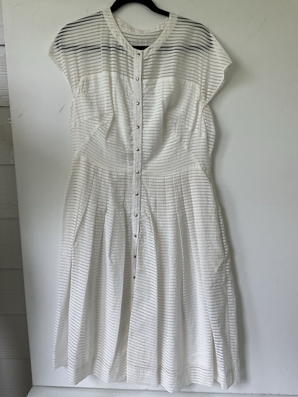 Akris Punto White Sheer Stripe Snap Front Pleated A-Line Midi Dress US L