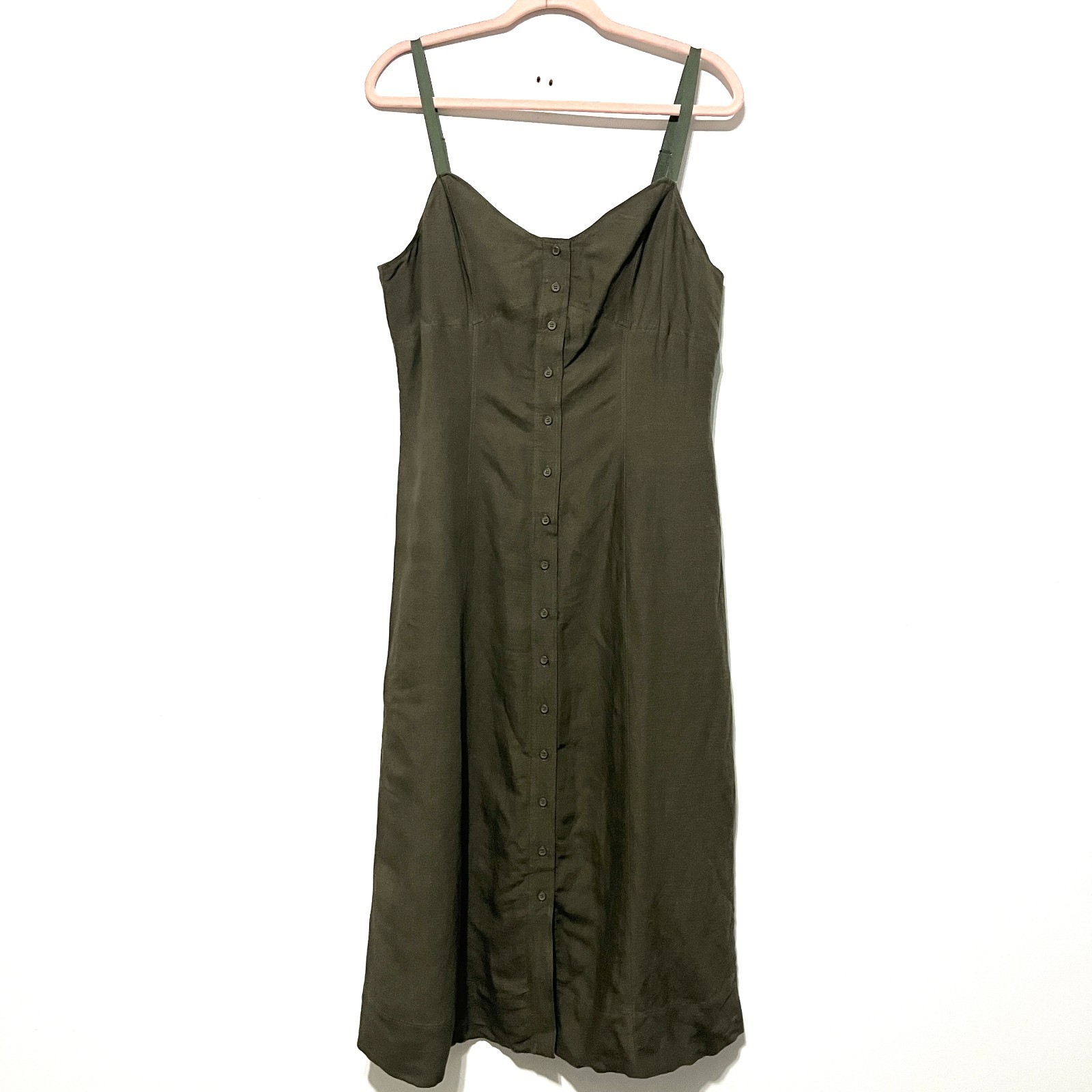Womens Linen Blend Babydoll Maxi Dress 12 Full Button Green Herbalist Minimalist